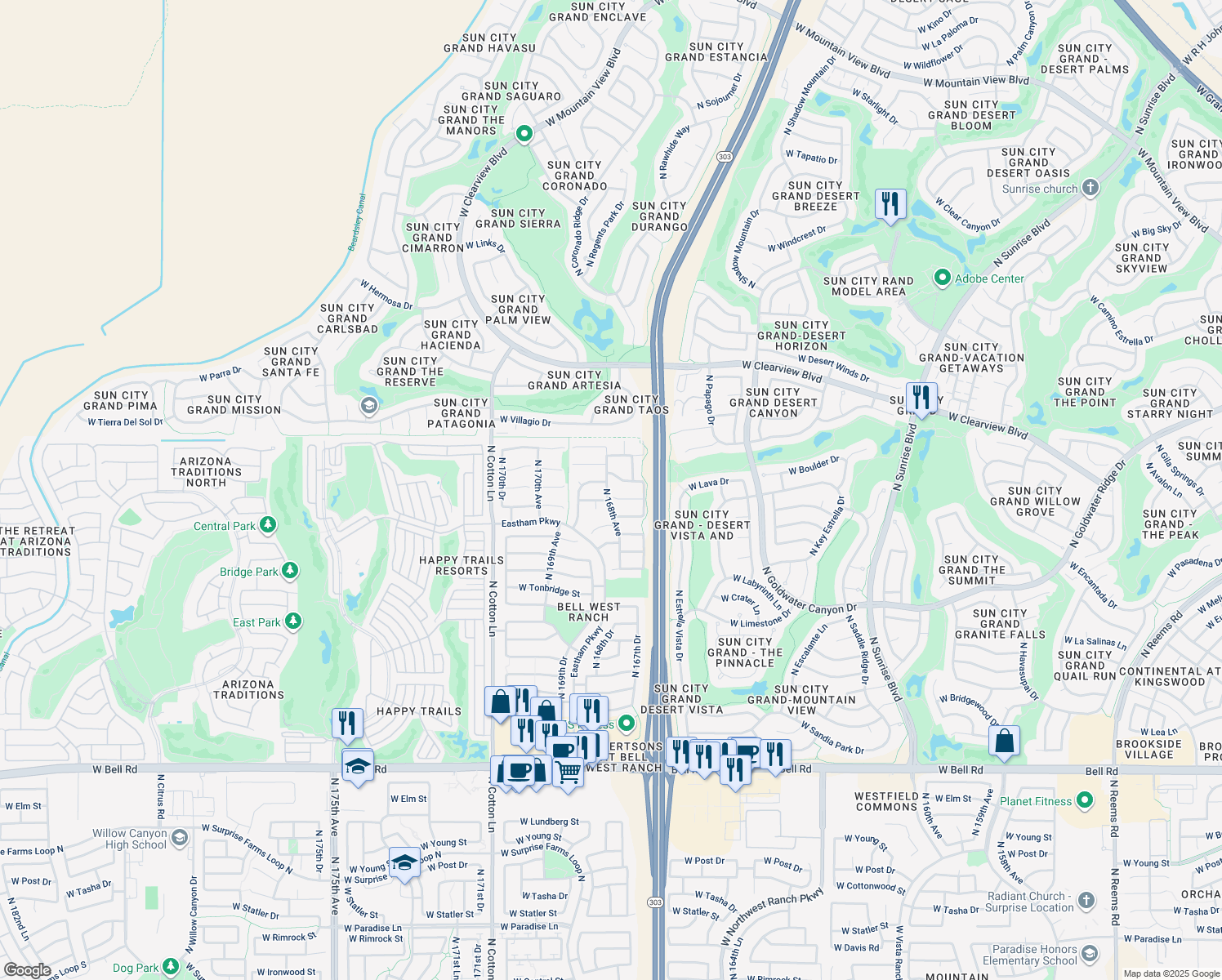 map of restaurants, bars, coffee shops, grocery stores, and more near 16784 West Aberdeen Drive in Surprise