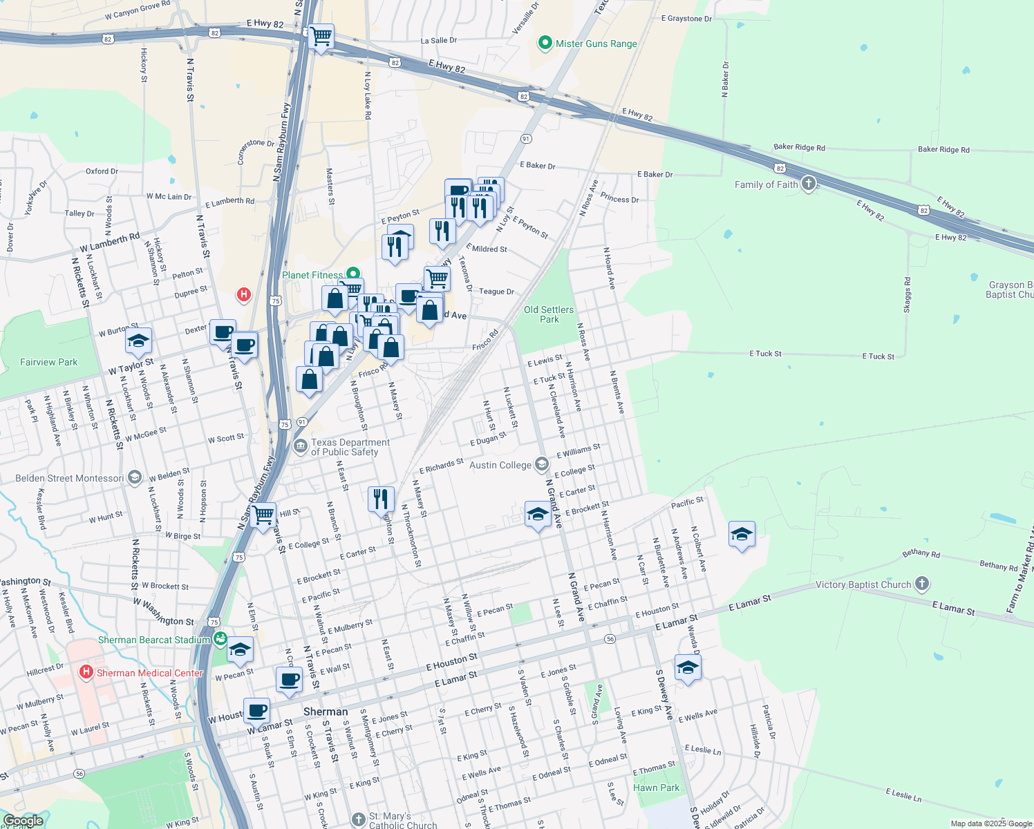 map of restaurants, bars, coffee shops, grocery stores, and more near 1211 North Luckett Street in Sherman