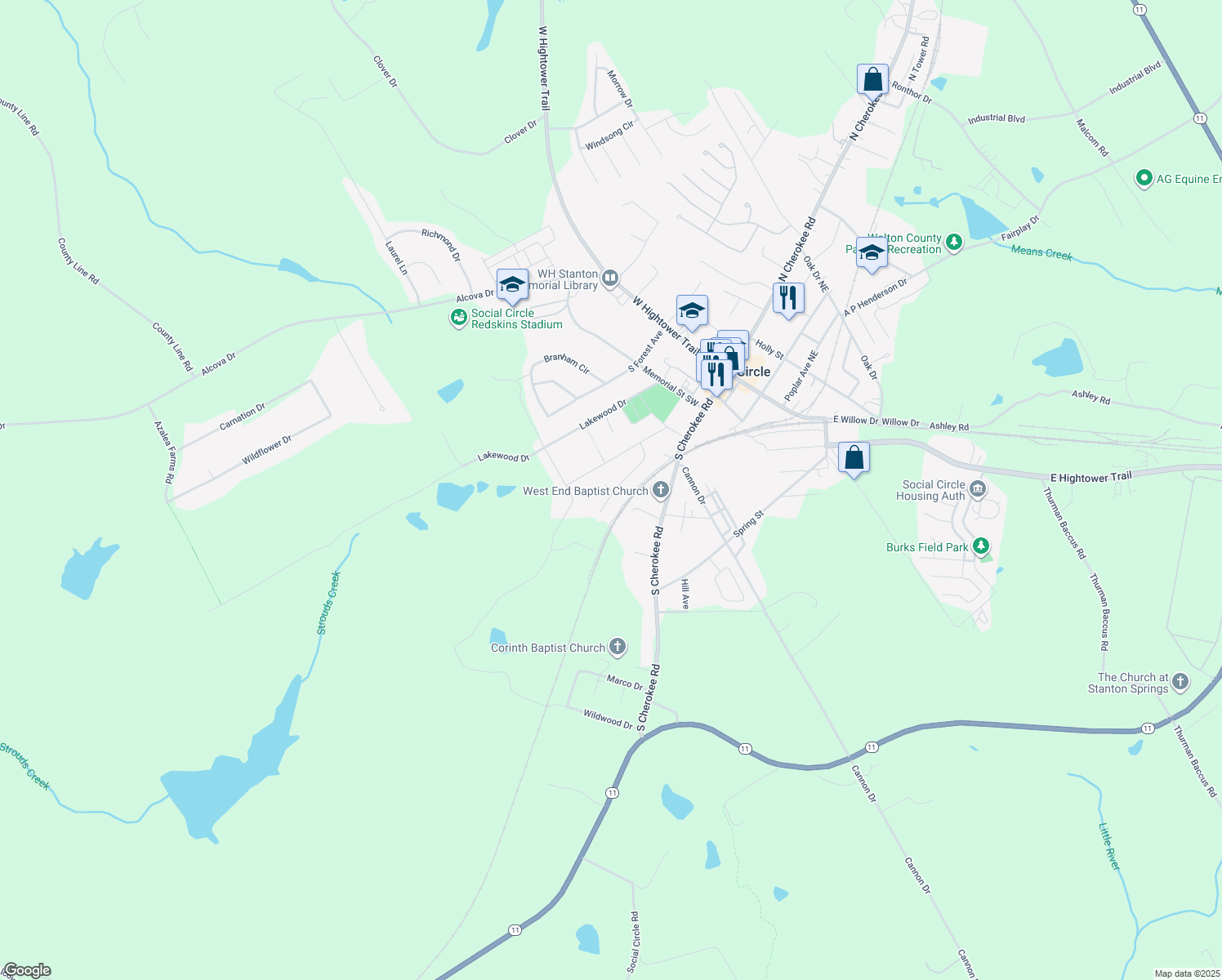 map of restaurants, bars, coffee shops, grocery stores, and more near 204 Joshua Court in Social Circle