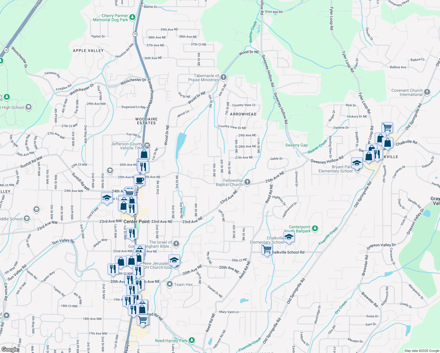 map of restaurants, bars, coffee shops, grocery stores, and more near 2508 6th St NE in Center Point