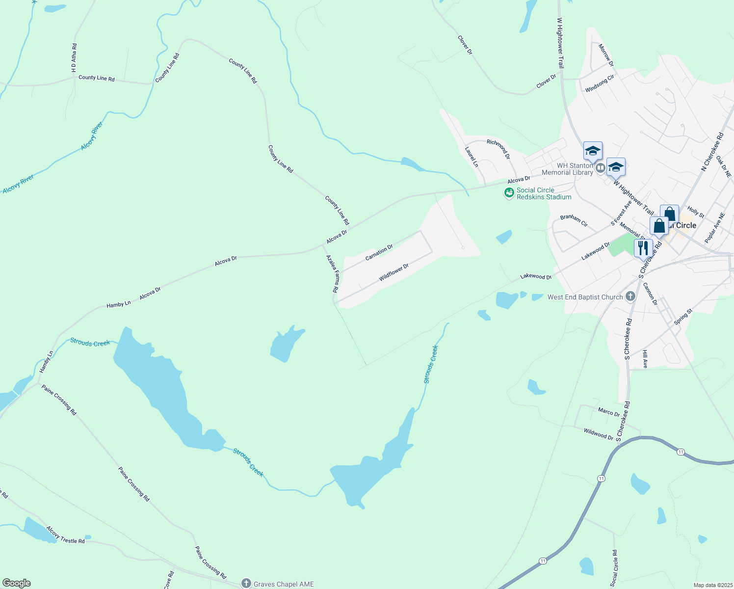 map of restaurants, bars, coffee shops, grocery stores, and more near 184 Wildflower Drive in Social Circle