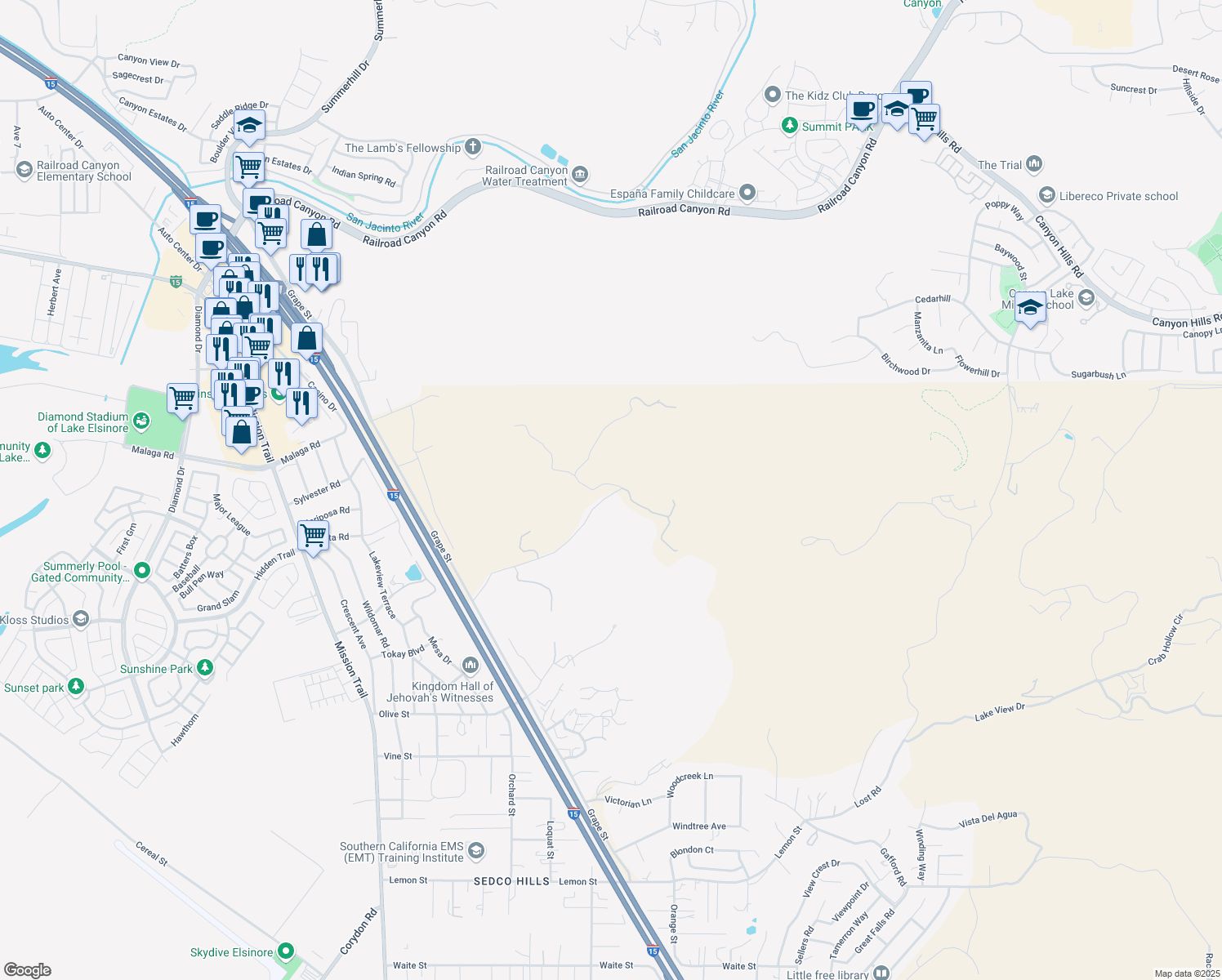 map of restaurants, bars, coffee shops, grocery stores, and more near Elsinore Heights Drive in Wildomar