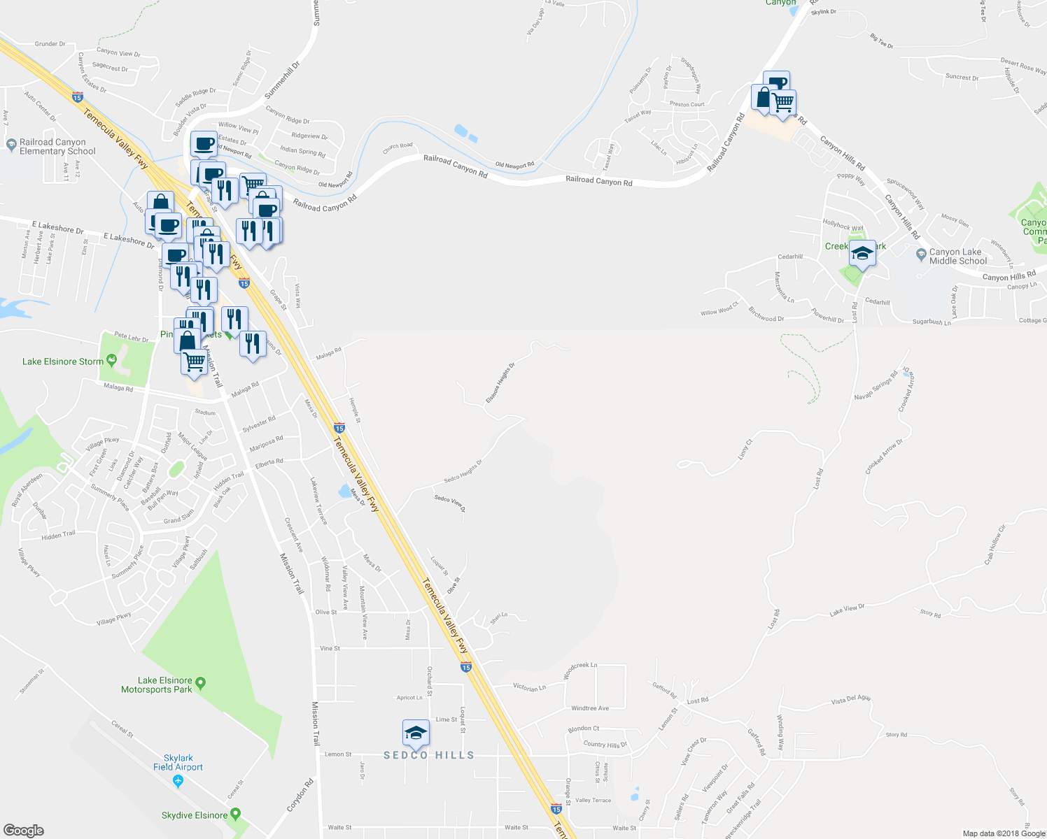 map of restaurants, bars, coffee shops, grocery stores, and more near 21710 Sedco Heights Drive in Wildomar