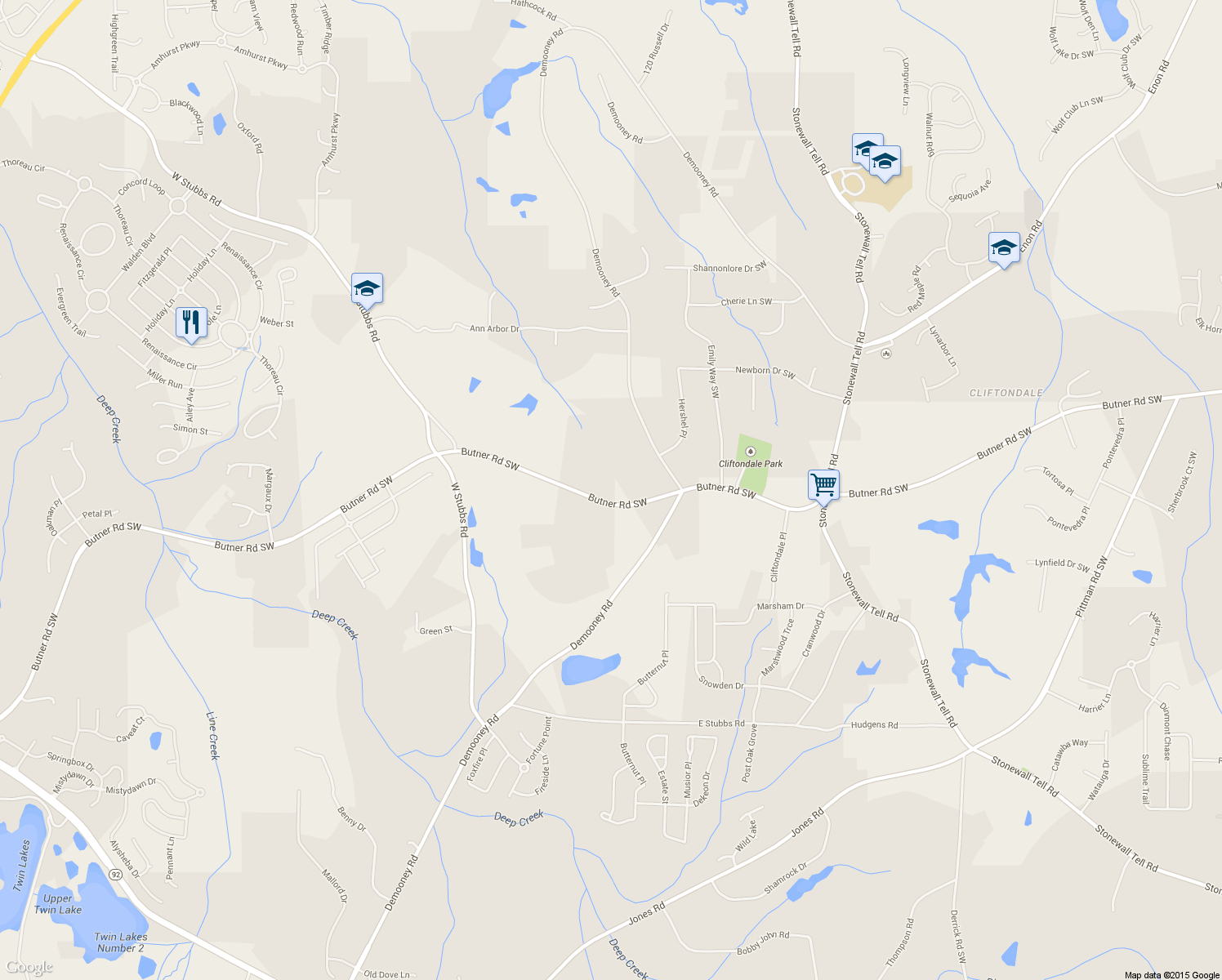 map of restaurants, bars, coffee shops, grocery stores, and more near 4865 Butner Road in Atlanta