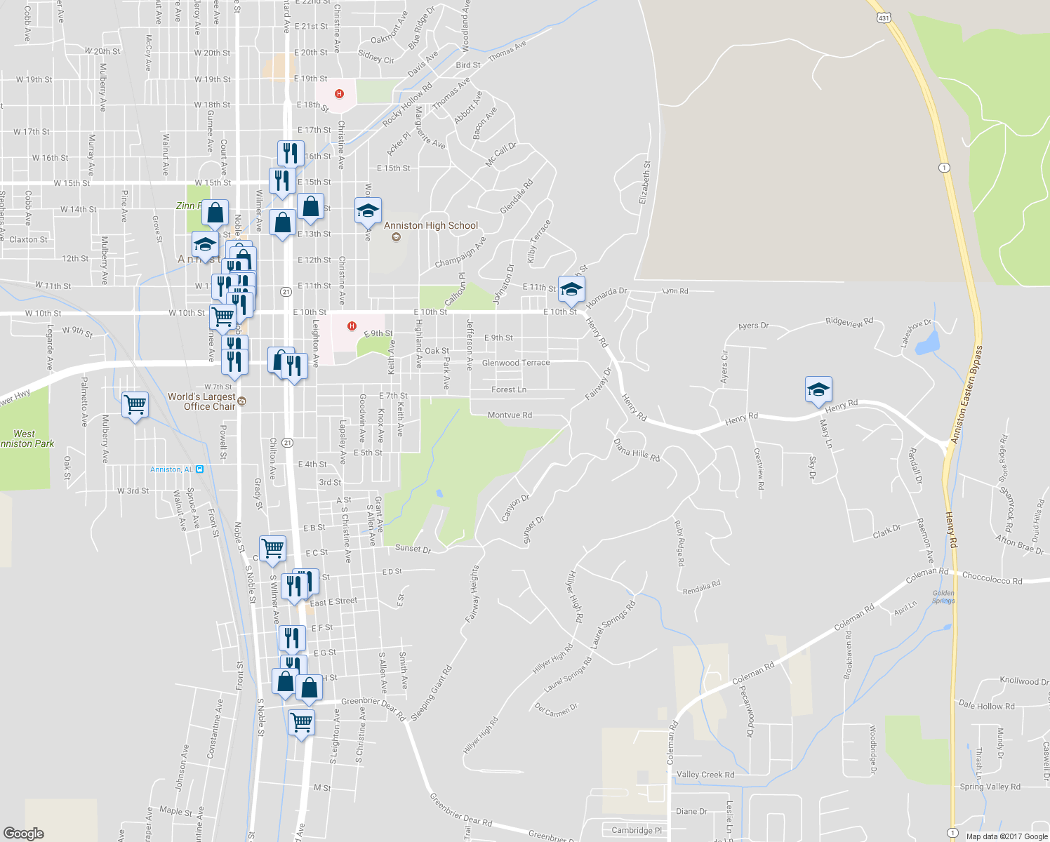 map of restaurants, bars, coffee shops, grocery stores, and more near 1104 Montvue Road in Anniston