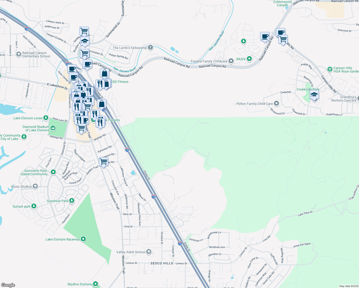 map of restaurants, bars, coffee shops, grocery stores, and more near 32397 Elsinore Heights Drive in Wildomar