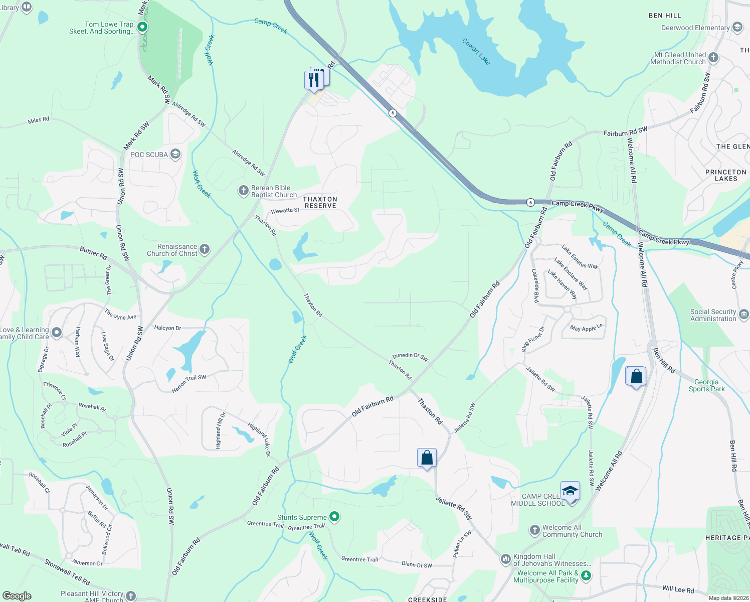 map of restaurants, bars, coffee shops, grocery stores, and more near 2215 High Point Trail Southwest in Atlanta
