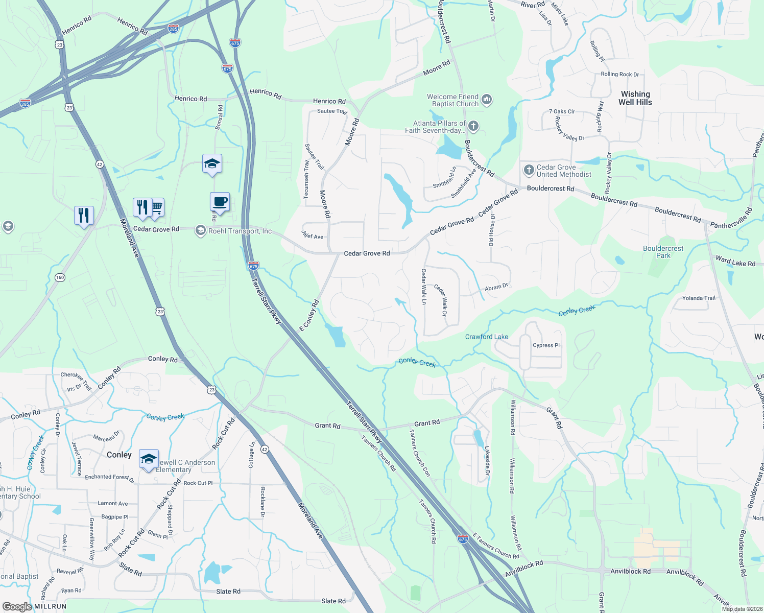 map of restaurants, bars, coffee shops, grocery stores, and more near 1880 Jamaitis Way in Conley