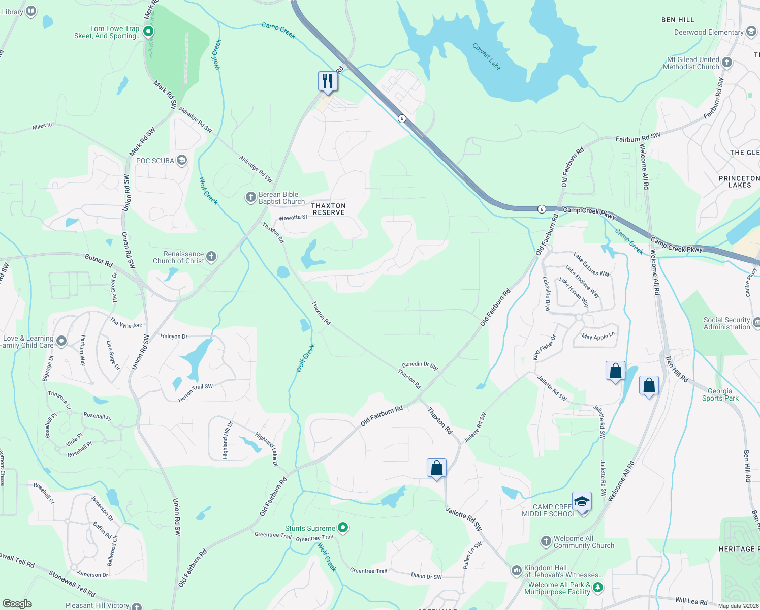 map of restaurants, bars, coffee shops, grocery stores, and more near 2215 High Point Trail Southwest in Atlanta