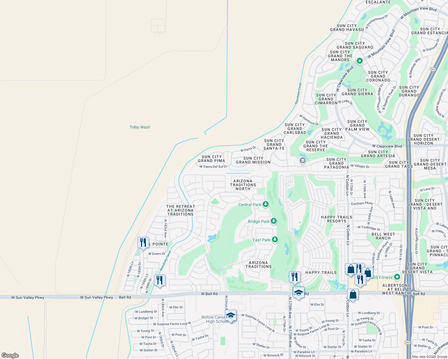 map of restaurants, bars, coffee shops, grocery stores, and more near 17918 W Camino Real Dr in Surprise