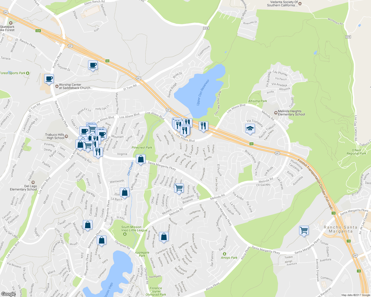 map of restaurants, bars, coffee shops, grocery stores, and more near 21345 Amora in Mission Viejo