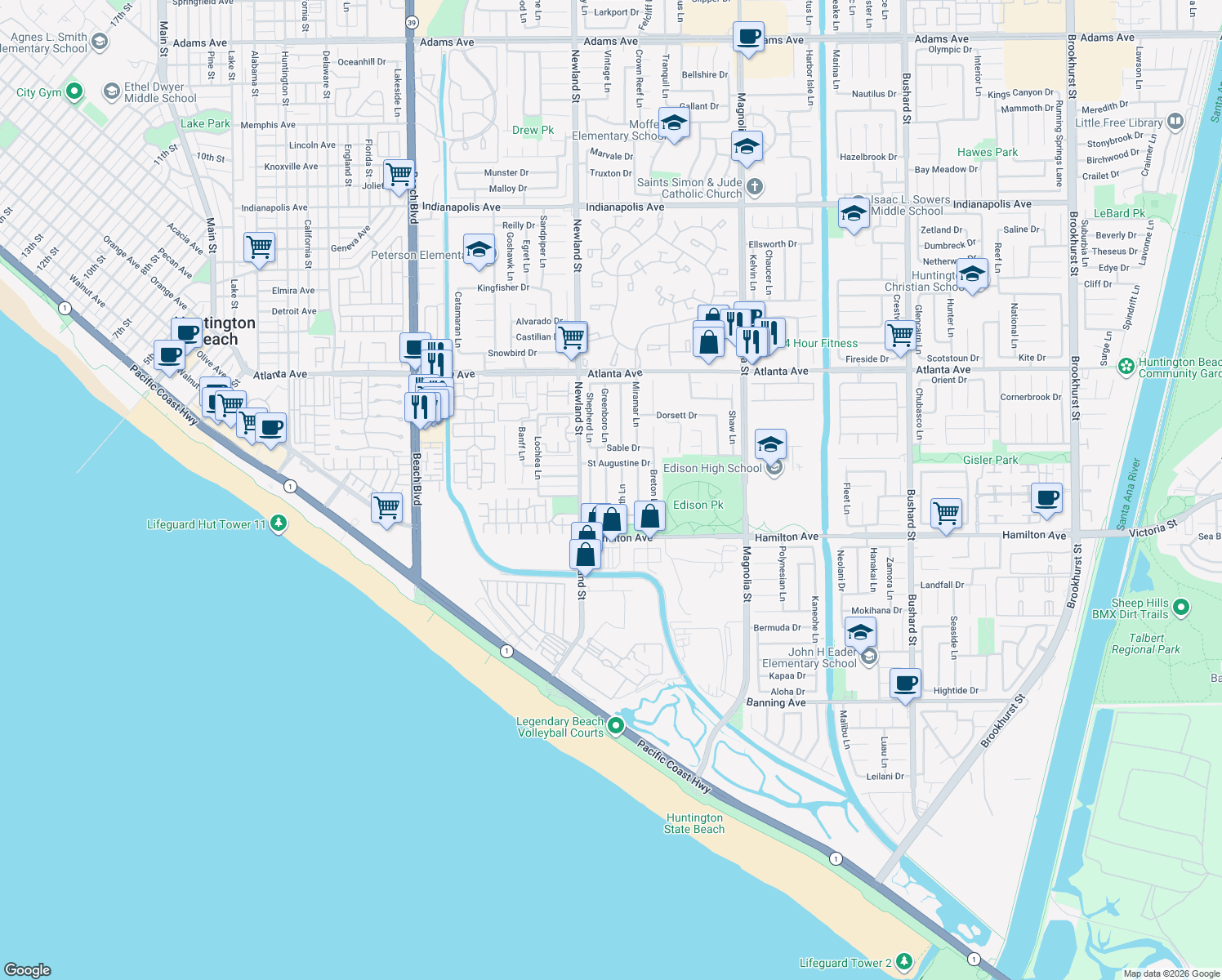 map of restaurants, bars, coffee shops, grocery stores, and more near 21342 Sand Dollar Lane in Huntington Beach