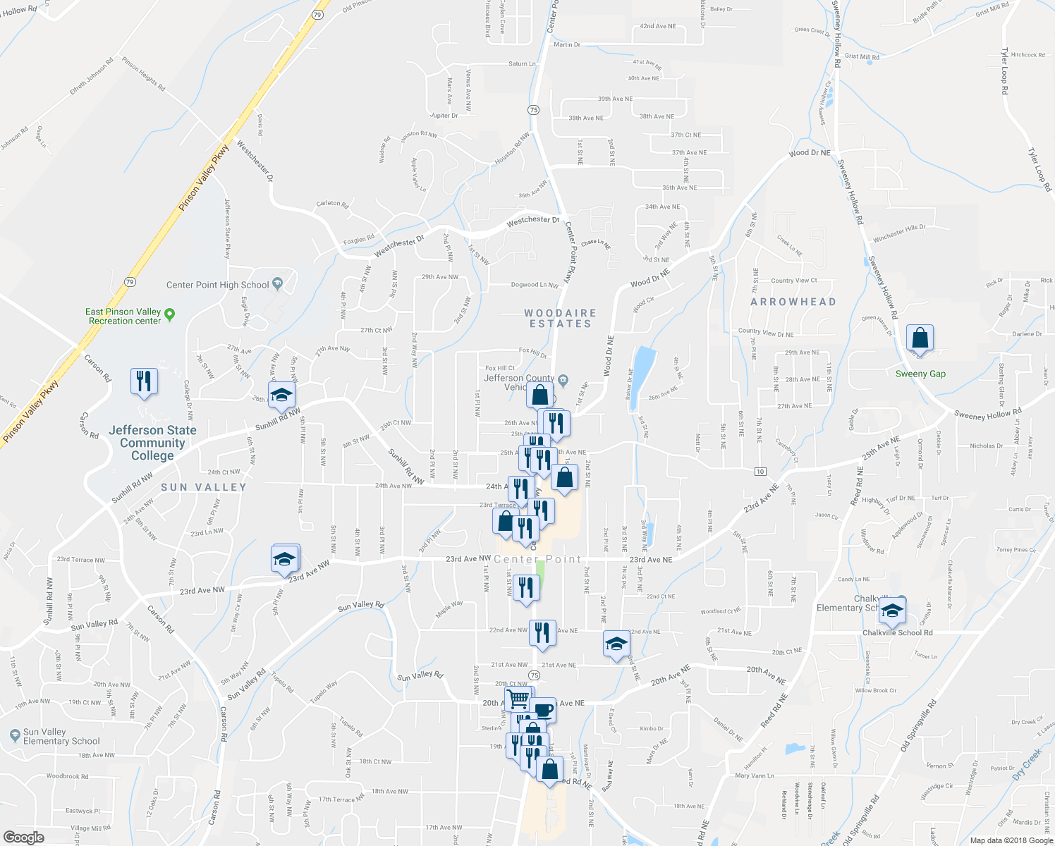 map of restaurants, bars, coffee shops, grocery stores, and more near 23 26th Avenue Northwest in Center Point