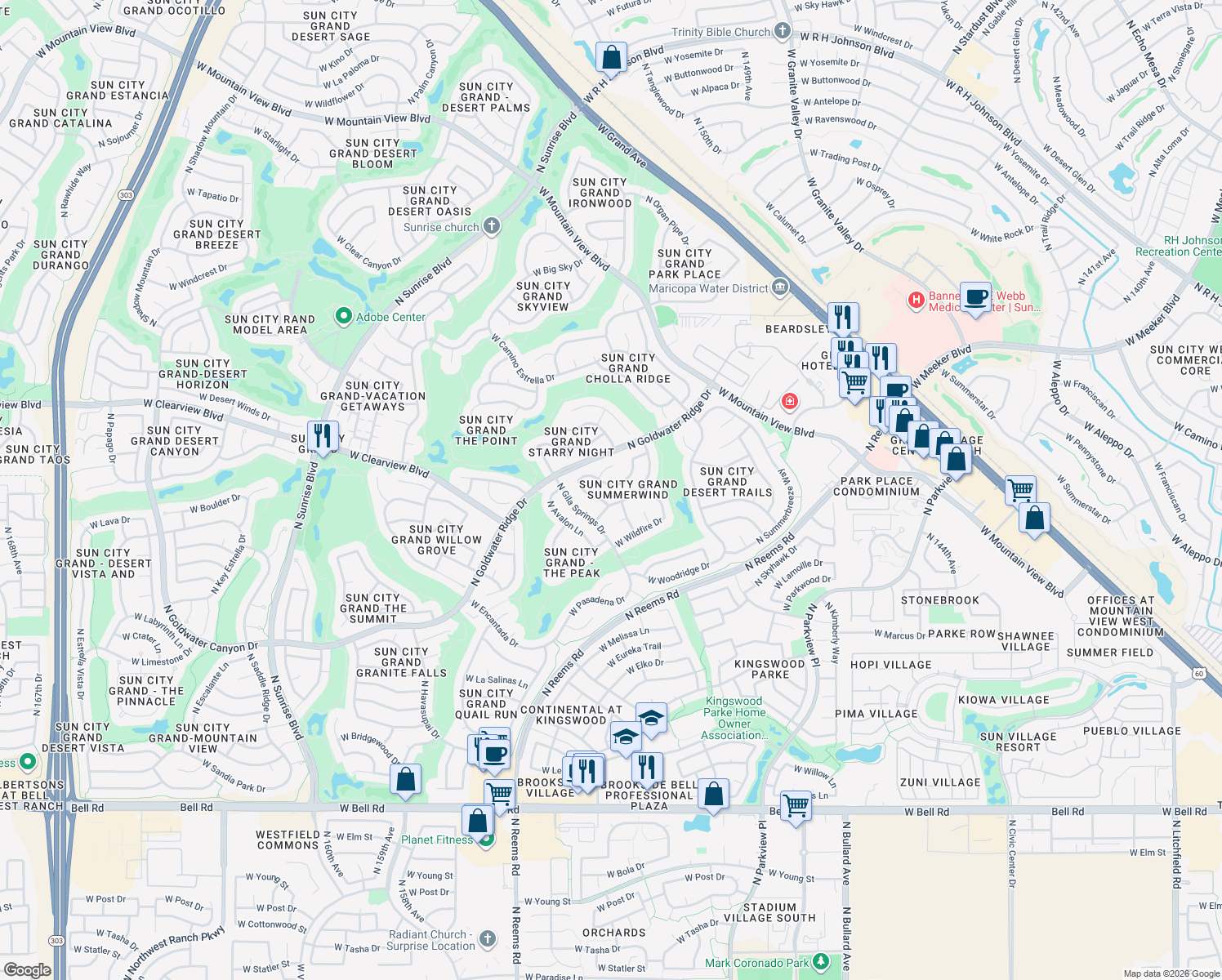 map of restaurants, bars, coffee shops, grocery stores, and more near 15237 W Pinehurst Ln in Surprise