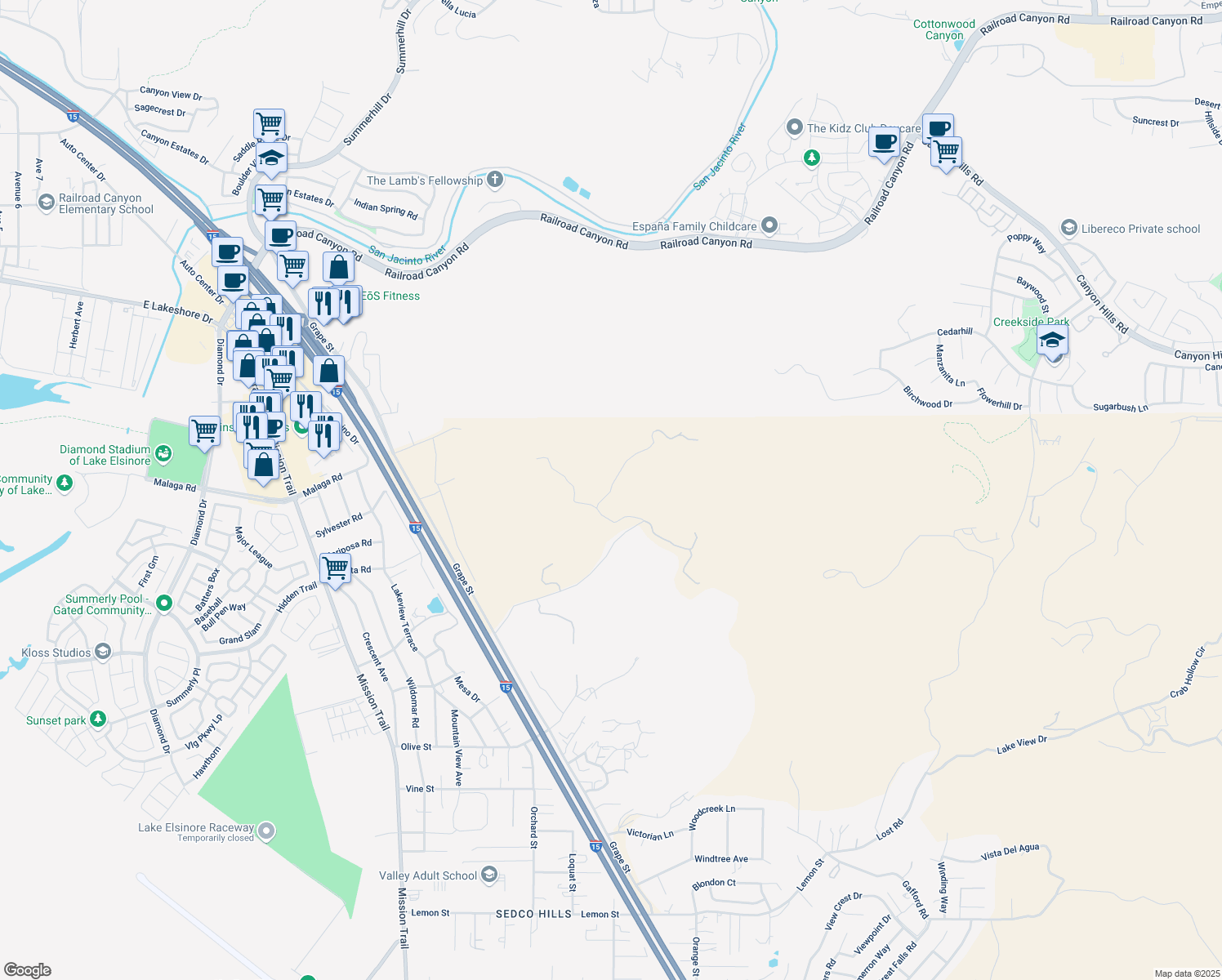 map of restaurants, bars, coffee shops, grocery stores, and more near Elsinore Heights Drive in Wildomar