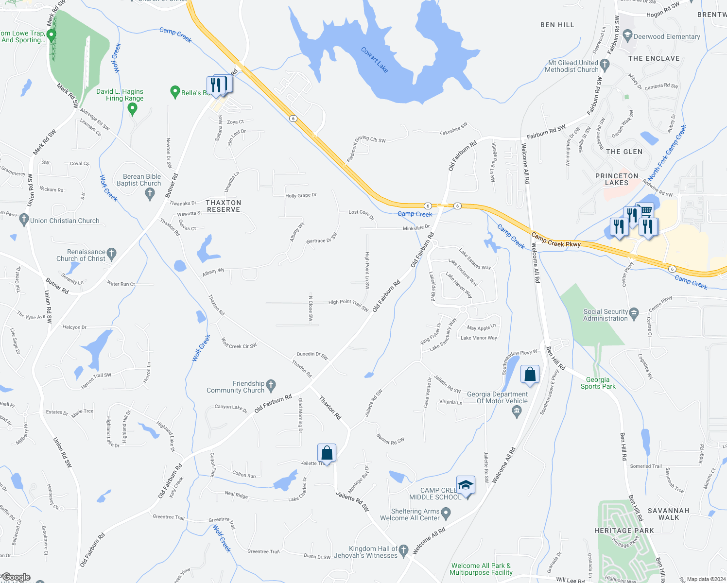 map of restaurants, bars, coffee shops, grocery stores, and more near 3775 High Point Lane Southwest in Atlanta