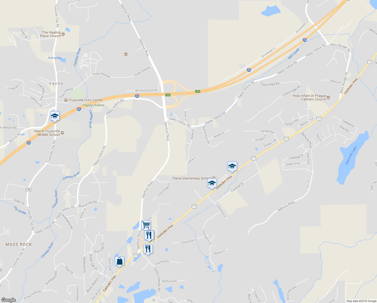 map of restaurants, bars, coffee shops, grocery stores, and more near 5068 Kelley Drive in Trussville