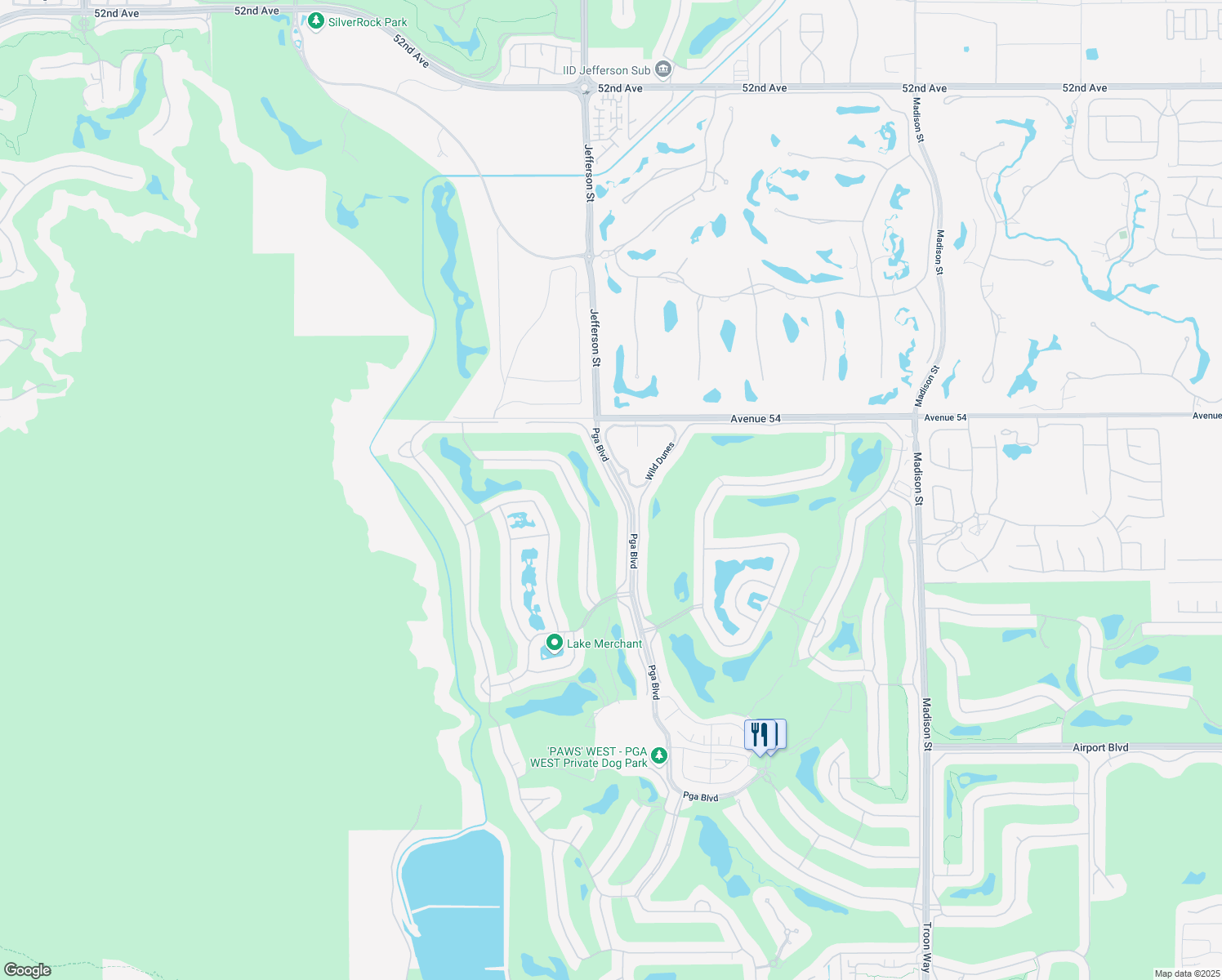 map of restaurants, bars, coffee shops, grocery stores, and more near 54577 Oakhill in La Quinta