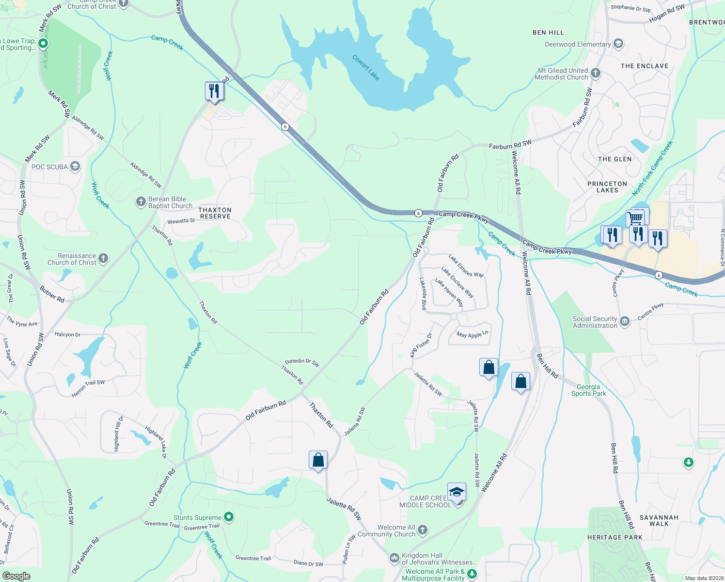 map of restaurants, bars, coffee shops, grocery stores, and more near 3730 High Point Lane Southwest in Atlanta