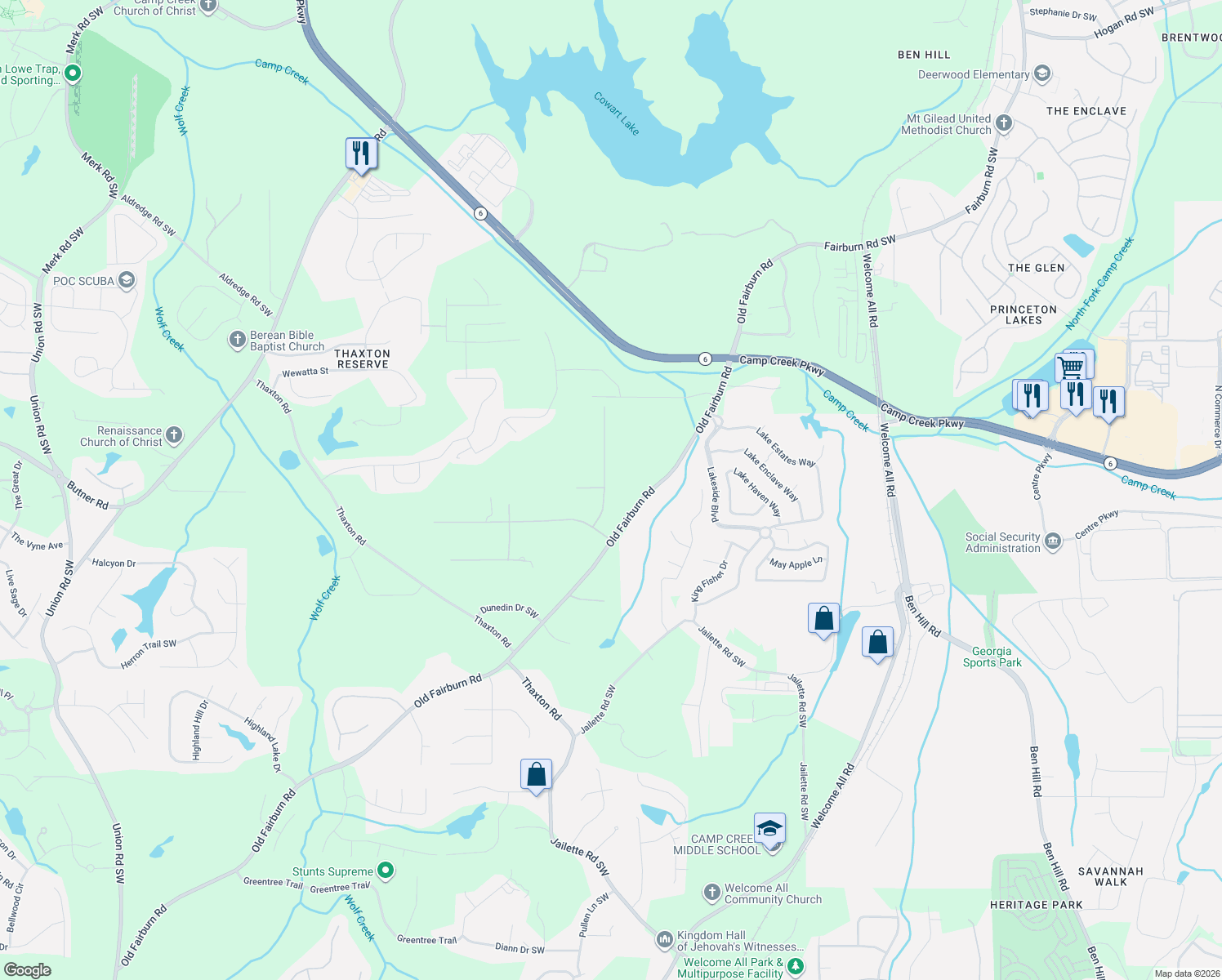 map of restaurants, bars, coffee shops, grocery stores, and more near 3730 High Point Lane Southwest in Atlanta