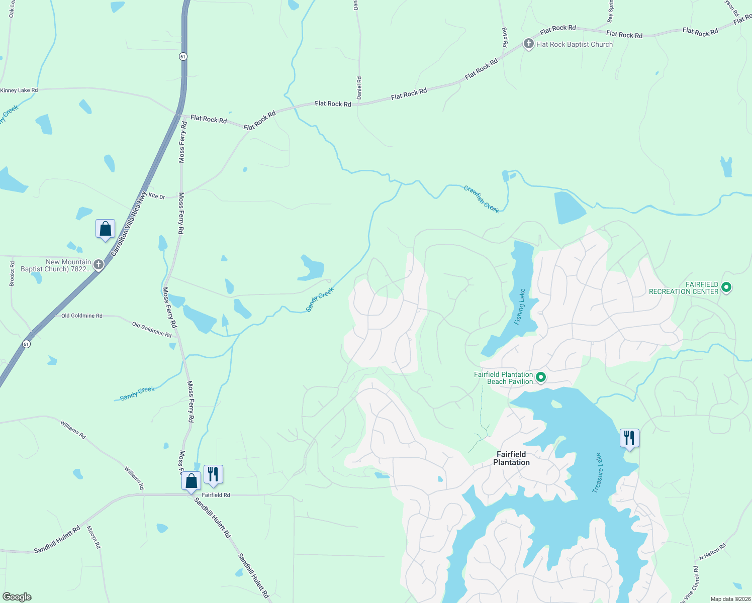 map of restaurants, bars, coffee shops, grocery stores, and more near 3193 Lakeview Parkway in Villa Rica