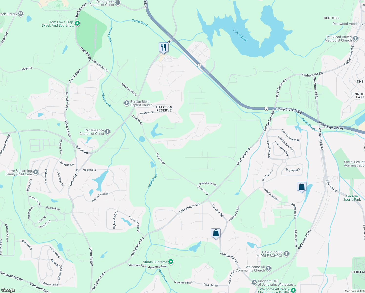 map of restaurants, bars, coffee shops, grocery stores, and more near 4810 Ralin Court Southwest in Atlanta