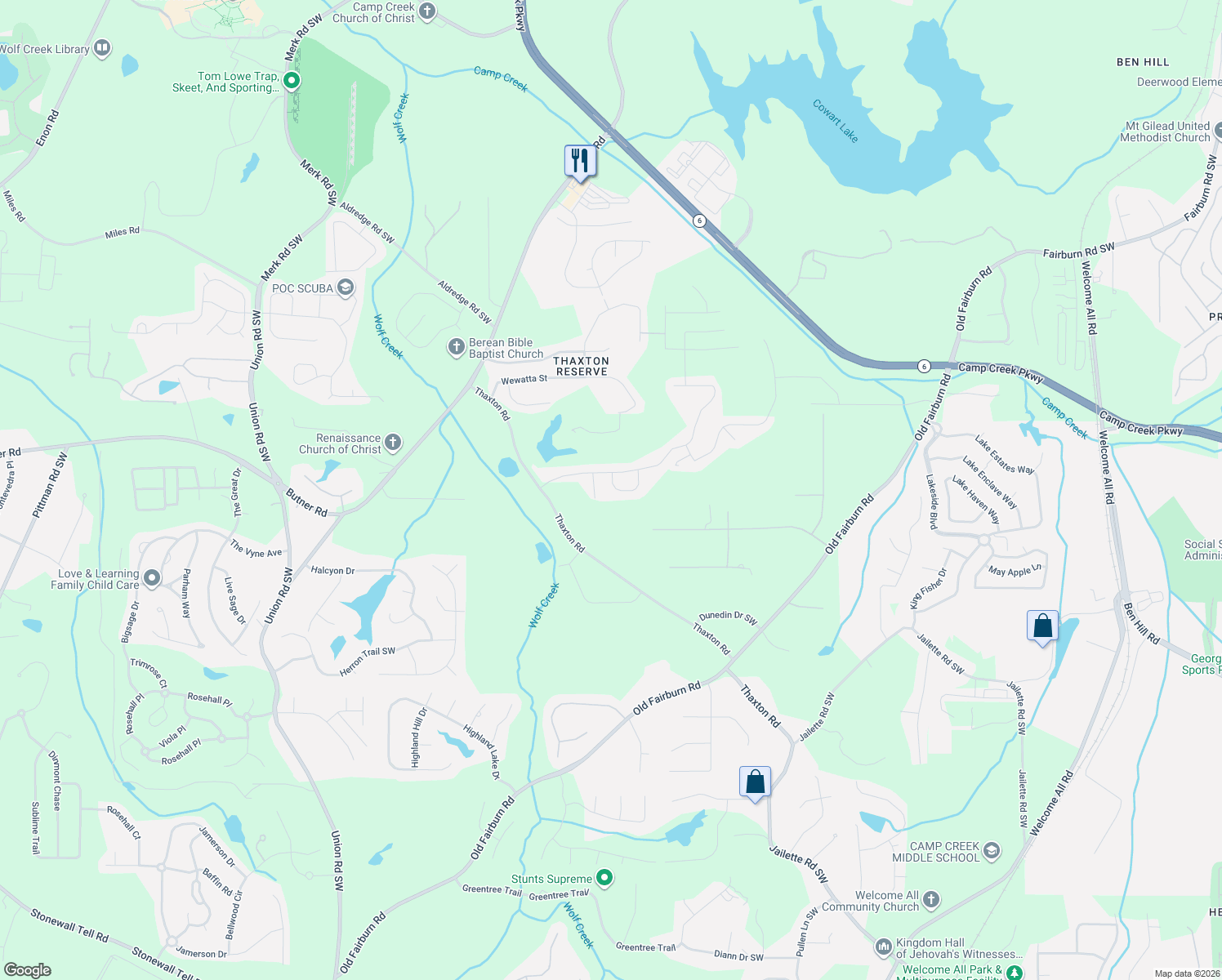 map of restaurants, bars, coffee shops, grocery stores, and more near 4850 Ralin Court Southwest in Atlanta