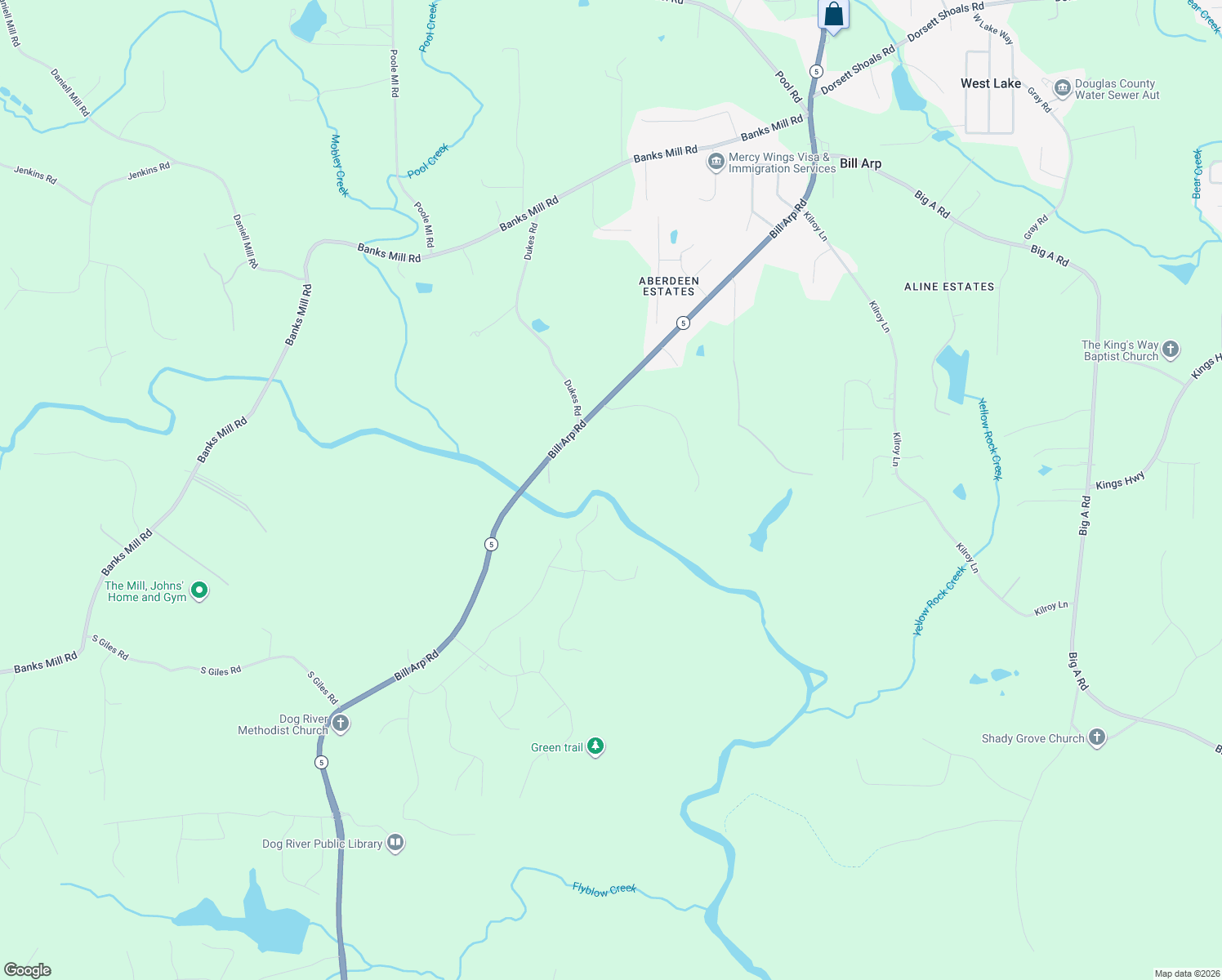 map of restaurants, bars, coffee shops, grocery stores, and more near 5566 Georgia 5 in Douglasville