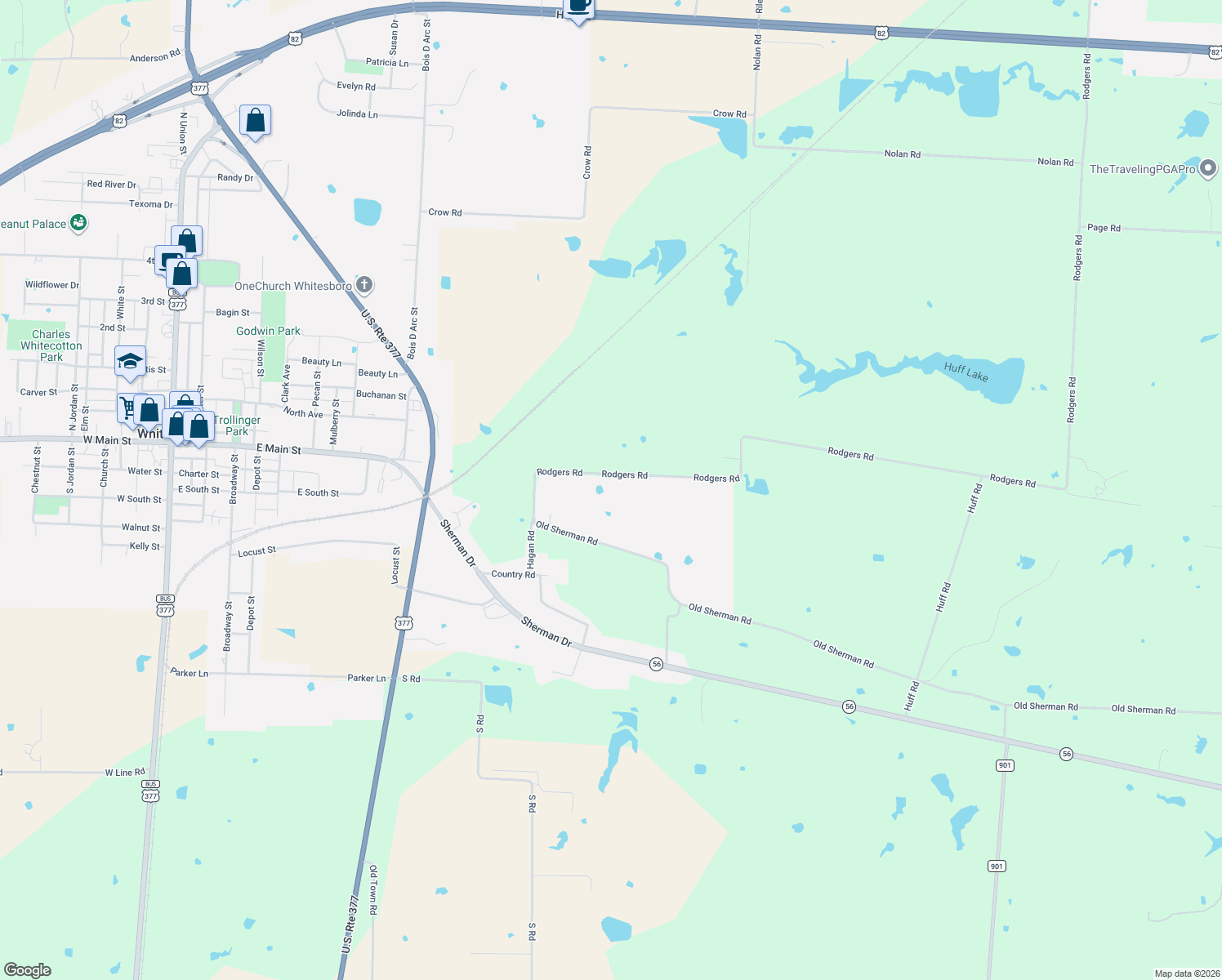 map of restaurants, bars, coffee shops, grocery stores, and more near 3424 Rodgers Road in Whitesboro