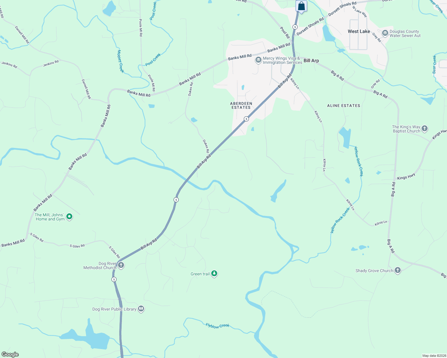 map of restaurants, bars, coffee shops, grocery stores, and more near 5566 Georgia 5 in Douglasville