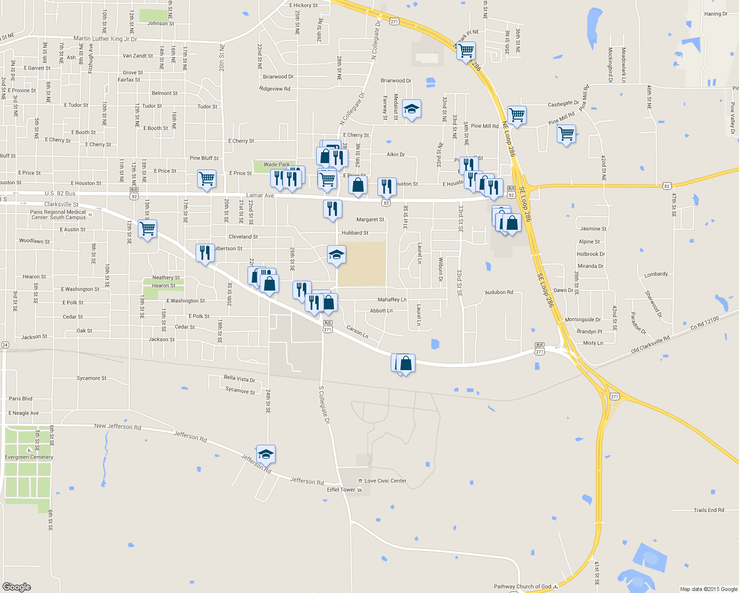 map of restaurants, bars, coffee shops, grocery stores, and more near 2985 Mahaffey Lane in Paris