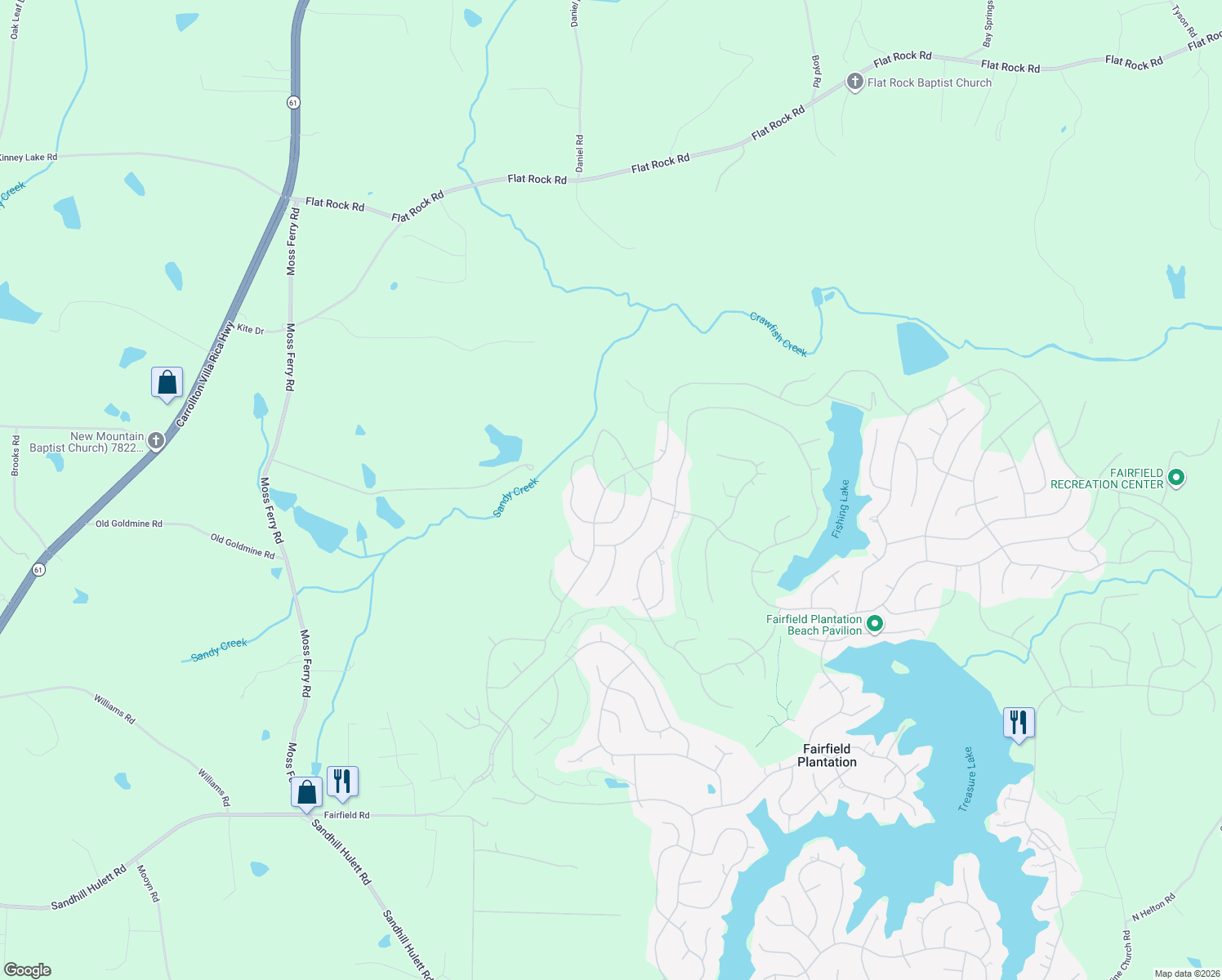 map of restaurants, bars, coffee shops, grocery stores, and more near 3193 Lakeview Parkway in Villa Rica