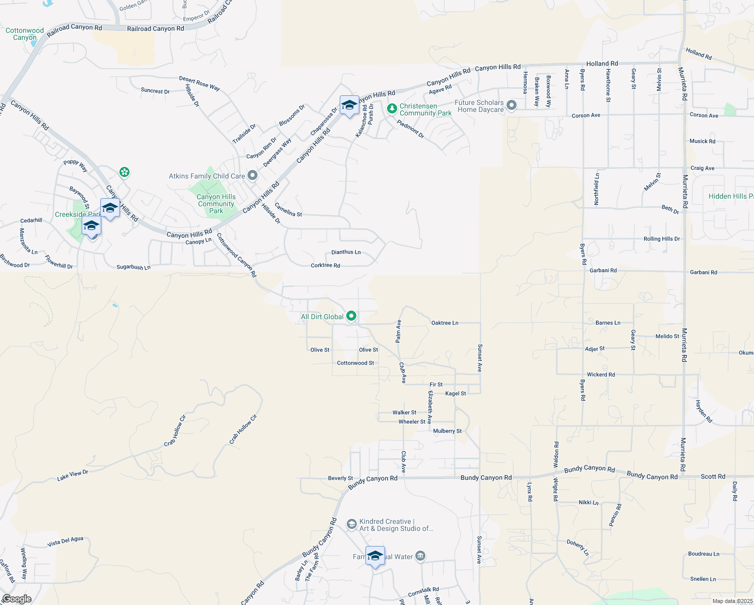 map of restaurants, bars, coffee shops, grocery stores, and more near 24469 Manzanita Road in Menifee