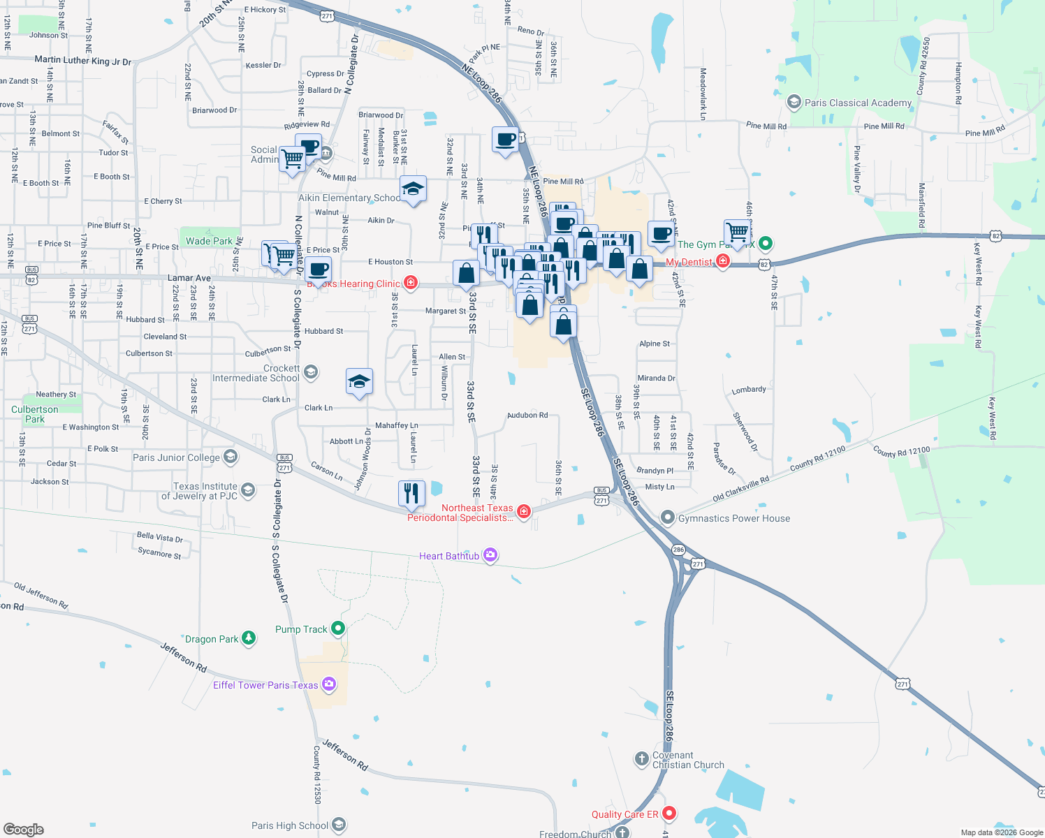 map of restaurants, bars, coffee shops, grocery stores, and more near 3510 Audubon Rd in Paris