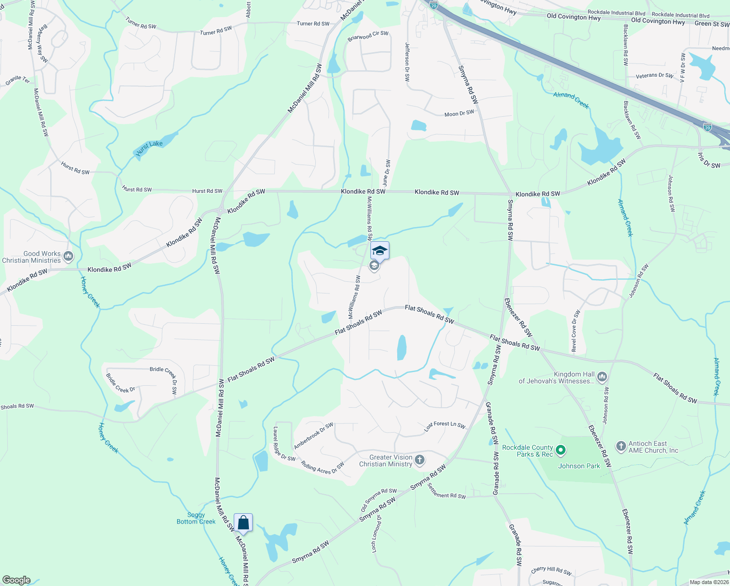 map of restaurants, bars, coffee shops, grocery stores, and more near 1390 McWilliams Rd SW in Conyers
