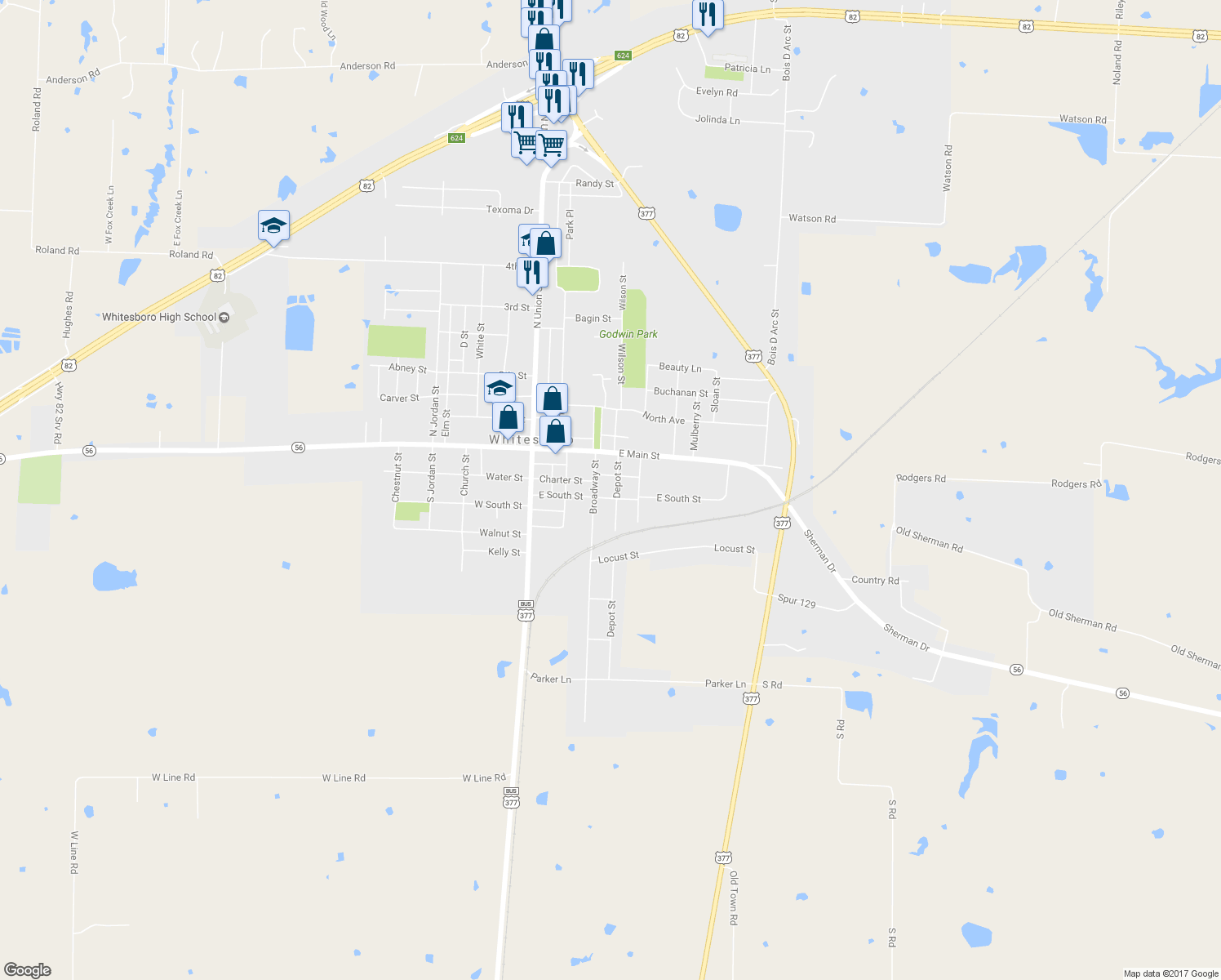 map of restaurants, bars, coffee shops, grocery stores, and more near 207 Depot St in Whitesboro