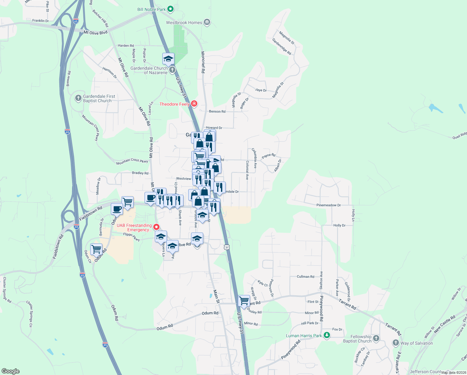 map of restaurants, bars, coffee shops, grocery stores, and more near 1109 Kimberly Avenue in Gardendale
