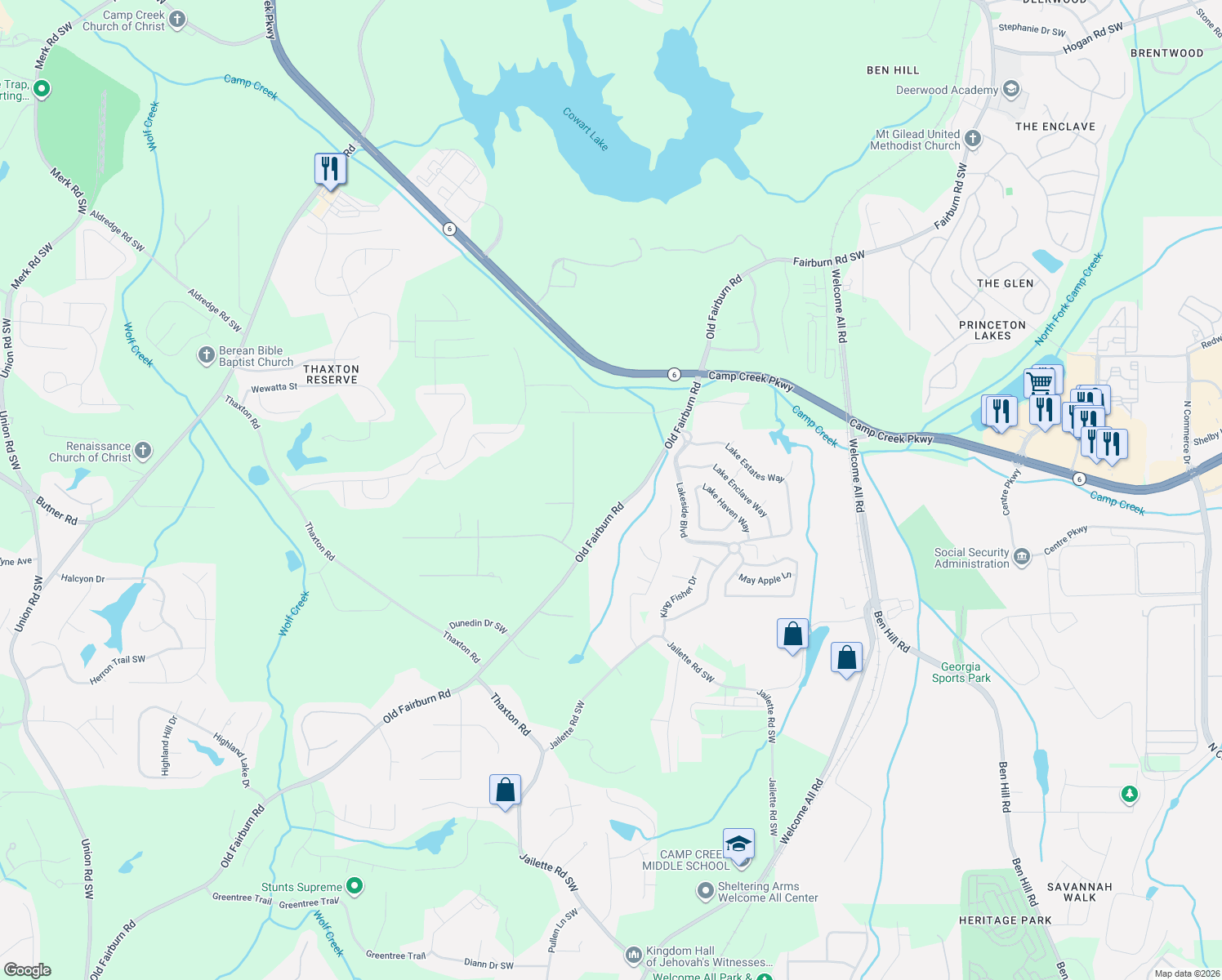 map of restaurants, bars, coffee shops, grocery stores, and more near 3719 Old Fairburn Road in Atlanta