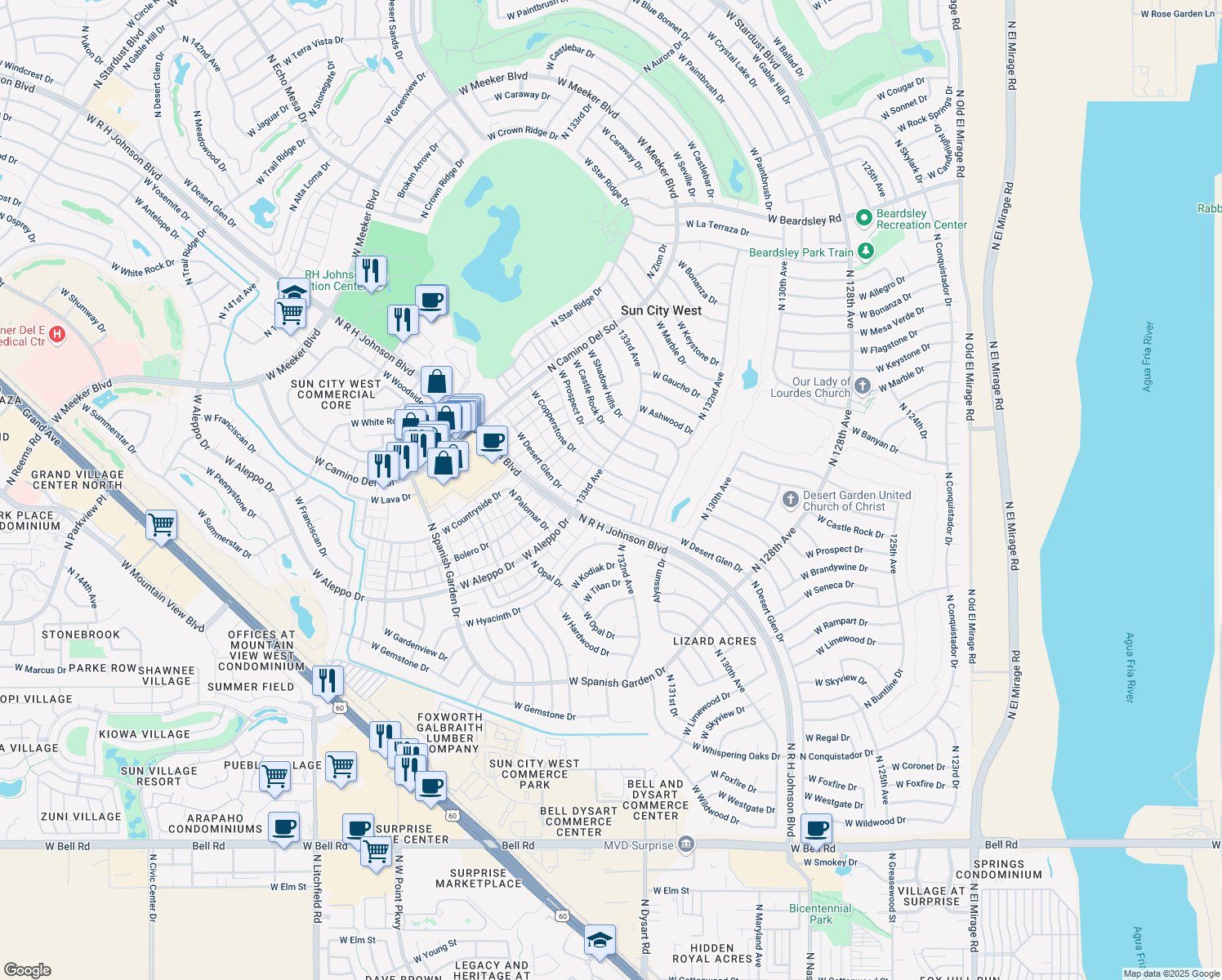 map of restaurants, bars, coffee shops, grocery stores, and more near 13234 West Maplewood Drive in Sun City West