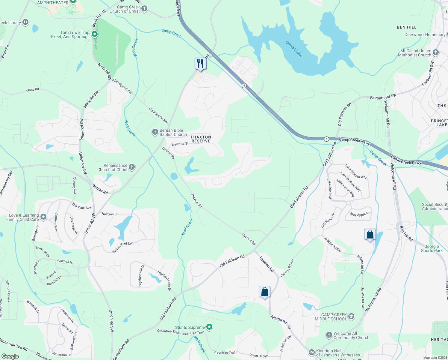 map of restaurants, bars, coffee shops, grocery stores, and more near 4810 Ralin Court Southwest in Atlanta
