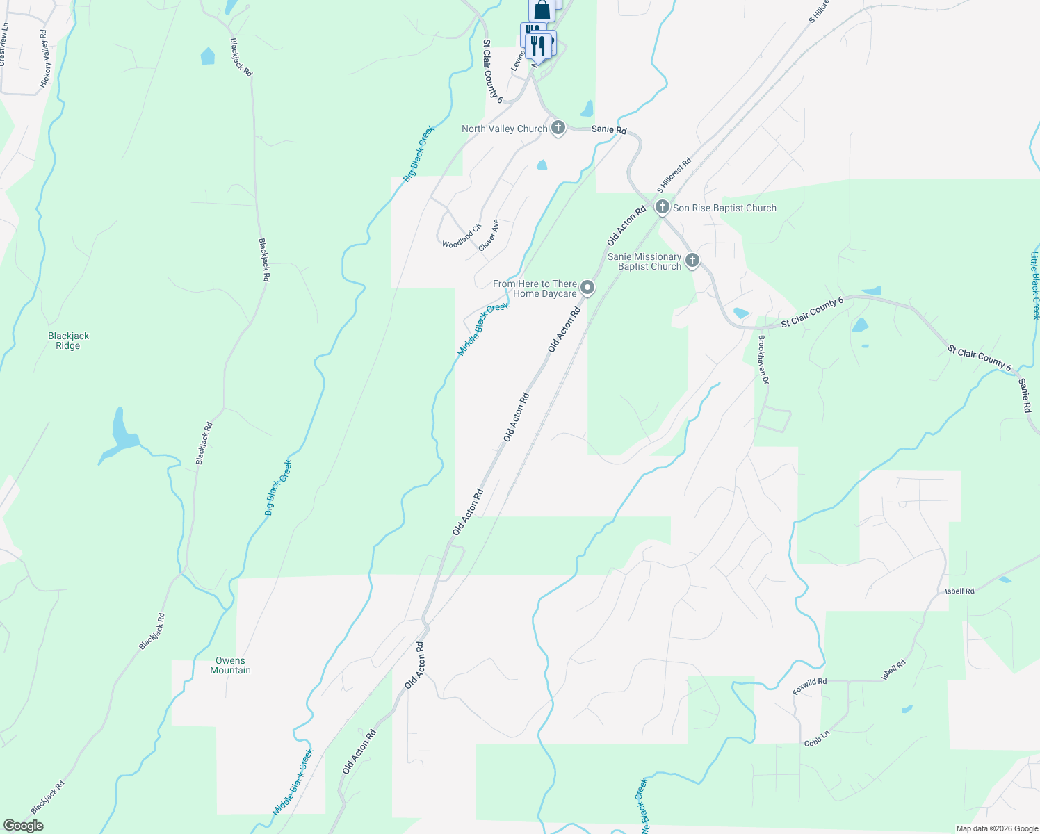map of restaurants, bars, coffee shops, grocery stores, and more near 7090 Old Acton Road in Moody
