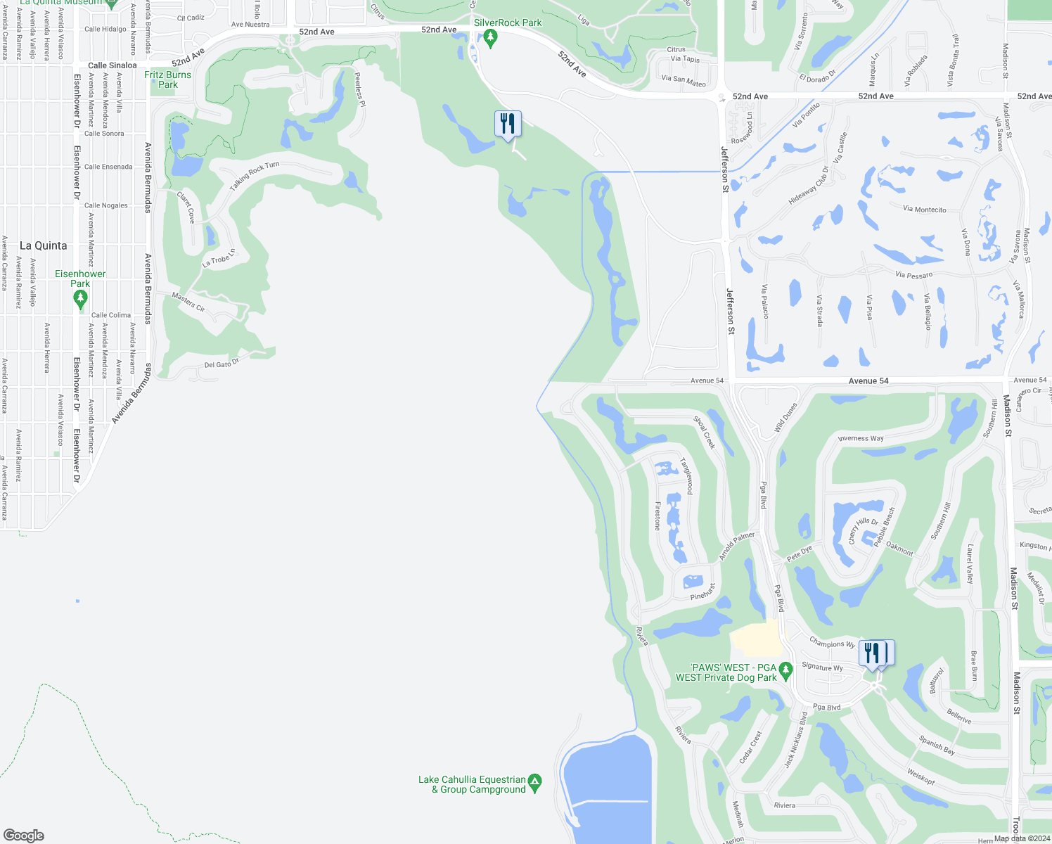 map of restaurants, bars, coffee shops, grocery stores, and more near 79370 Canterbury in La Quinta