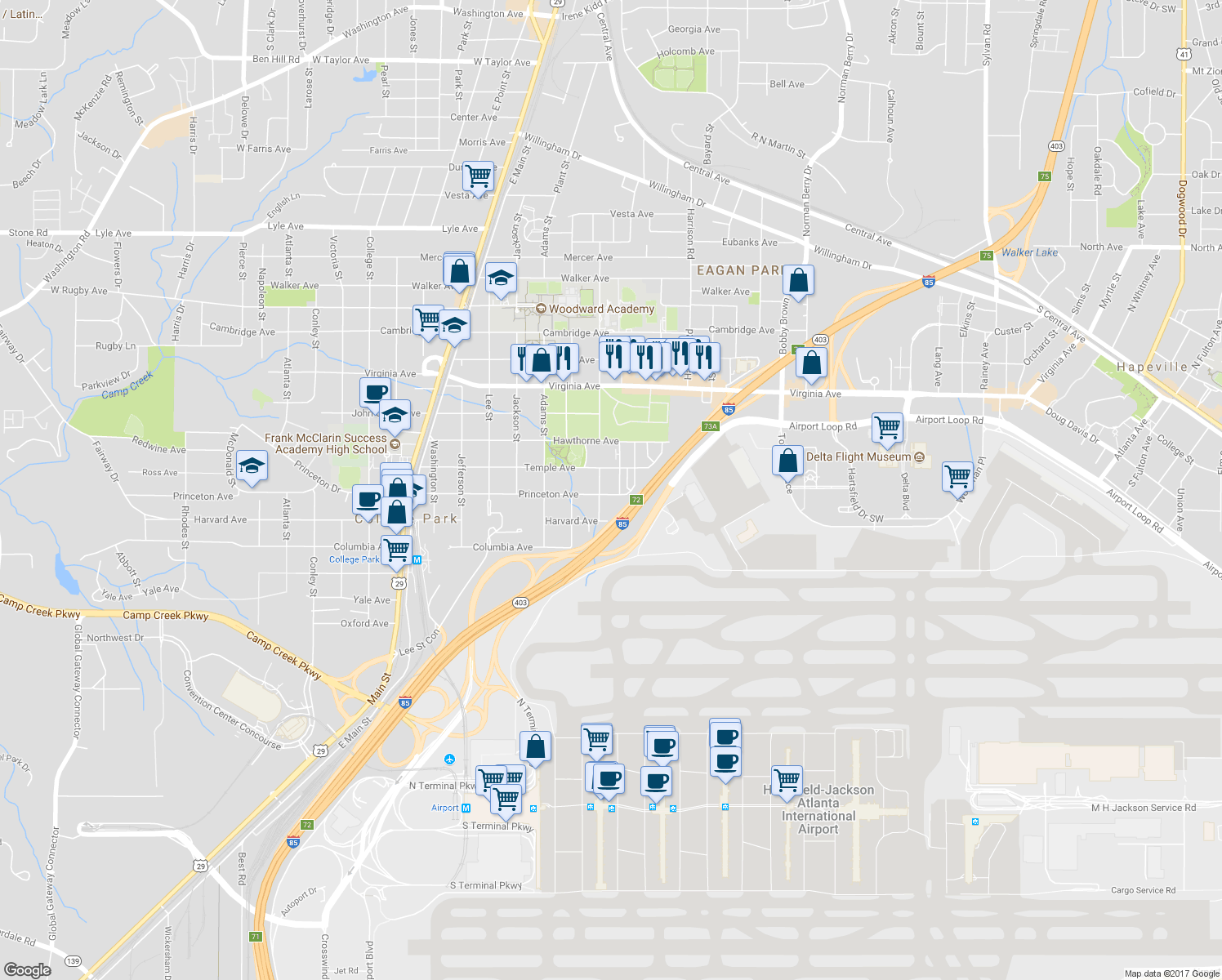 map of restaurants, bars, coffee shops, grocery stores, and more near 1527 Princeton Avenue in College Park
