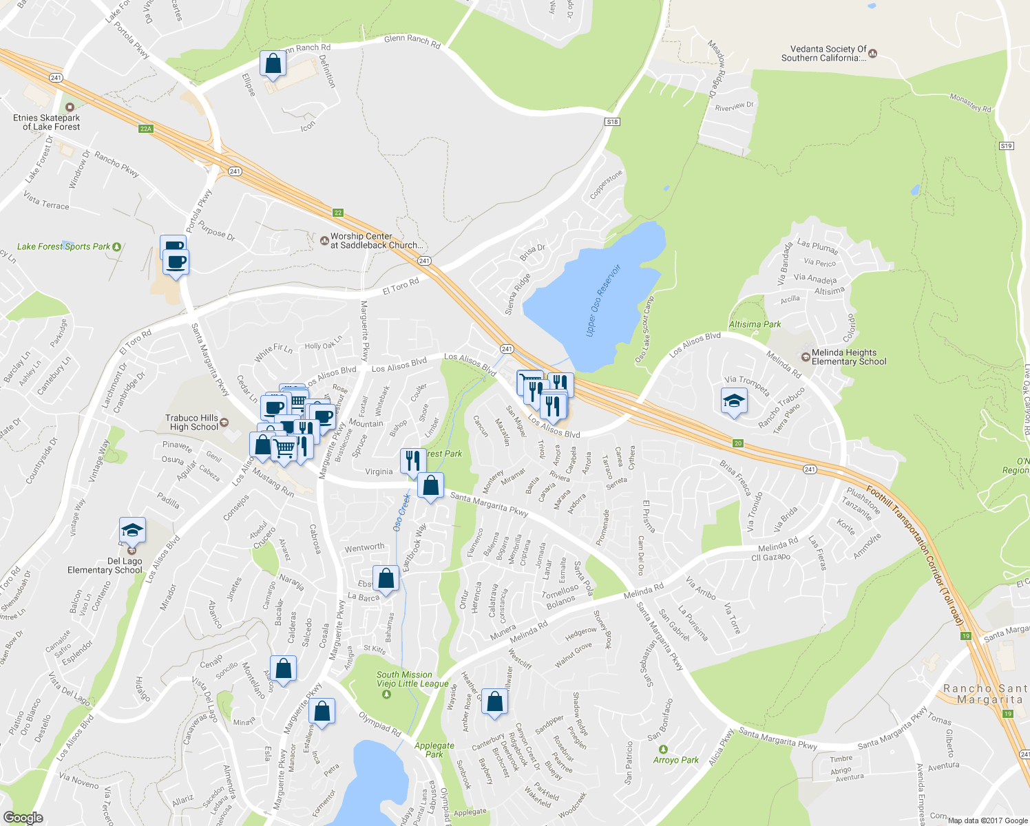 map of restaurants, bars, coffee shops, grocery stores, and more near 21182 San Miguel in Mission Viejo