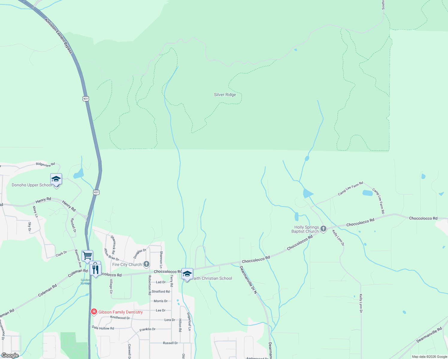 map of restaurants, bars, coffee shops, grocery stores, and more near 399 Woodvalley Road in Anniston