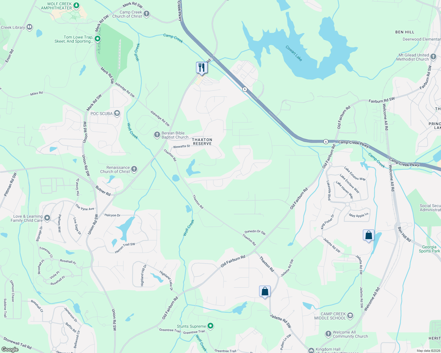 map of restaurants, bars, coffee shops, grocery stores, and more near 4808 Albany Way in Atlanta