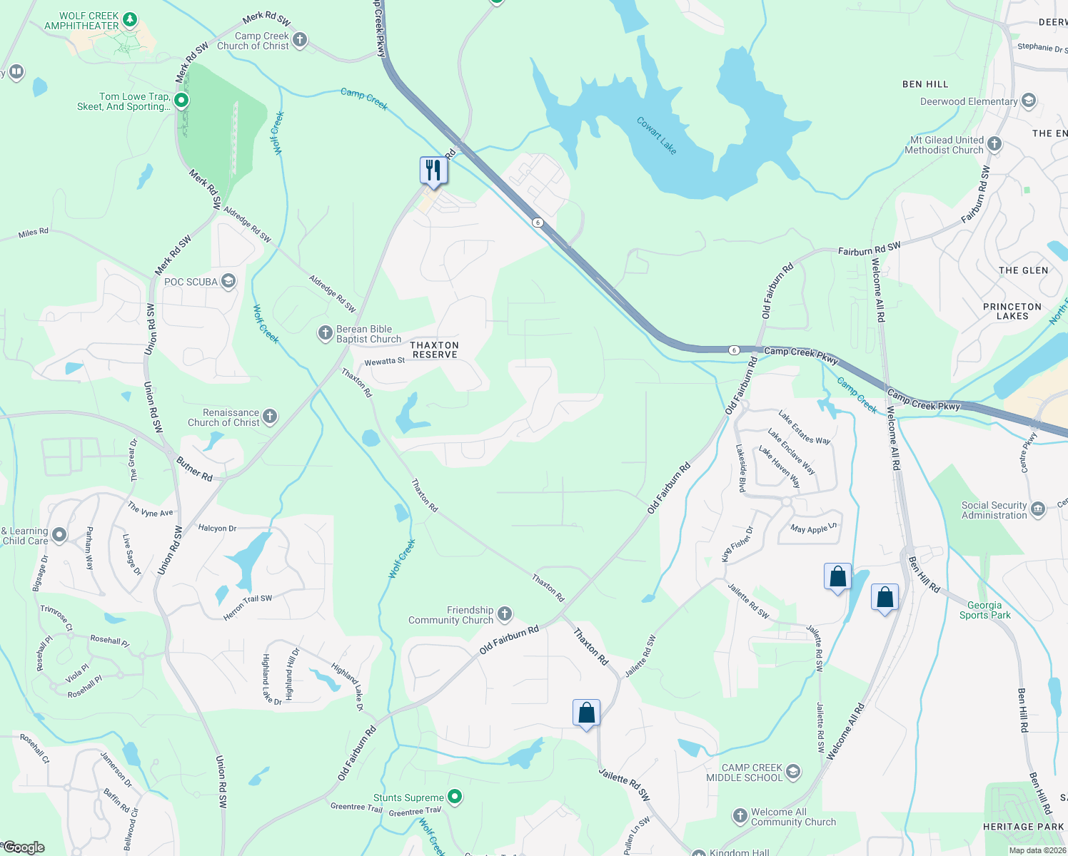 map of restaurants, bars, coffee shops, grocery stores, and more near 4763 Albany Way in Atlanta