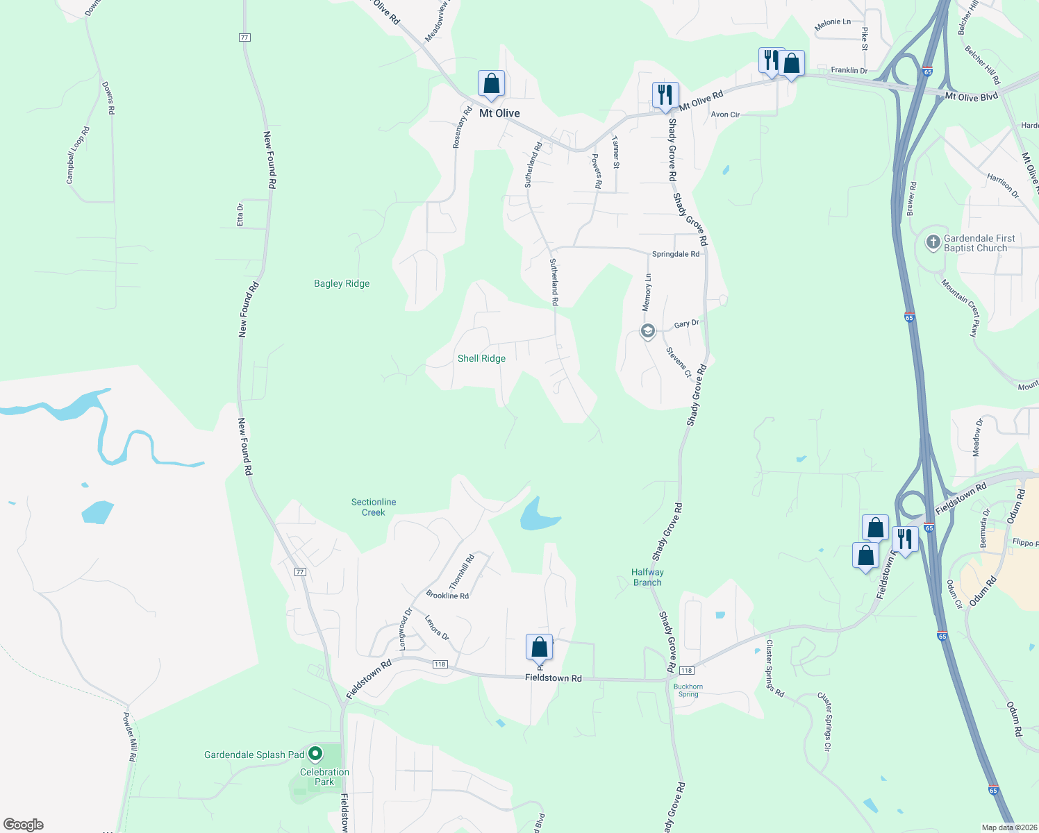map of restaurants, bars, coffee shops, grocery stores, and more near 5183 Tyler Oaks Drive in Mount Olive