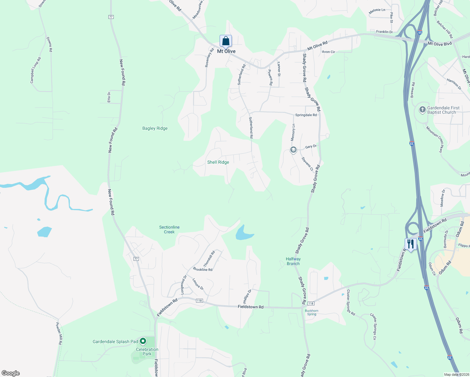 map of restaurants, bars, coffee shops, grocery stores, and more near 5183 Tyler Oaks Drive in Mount Olive