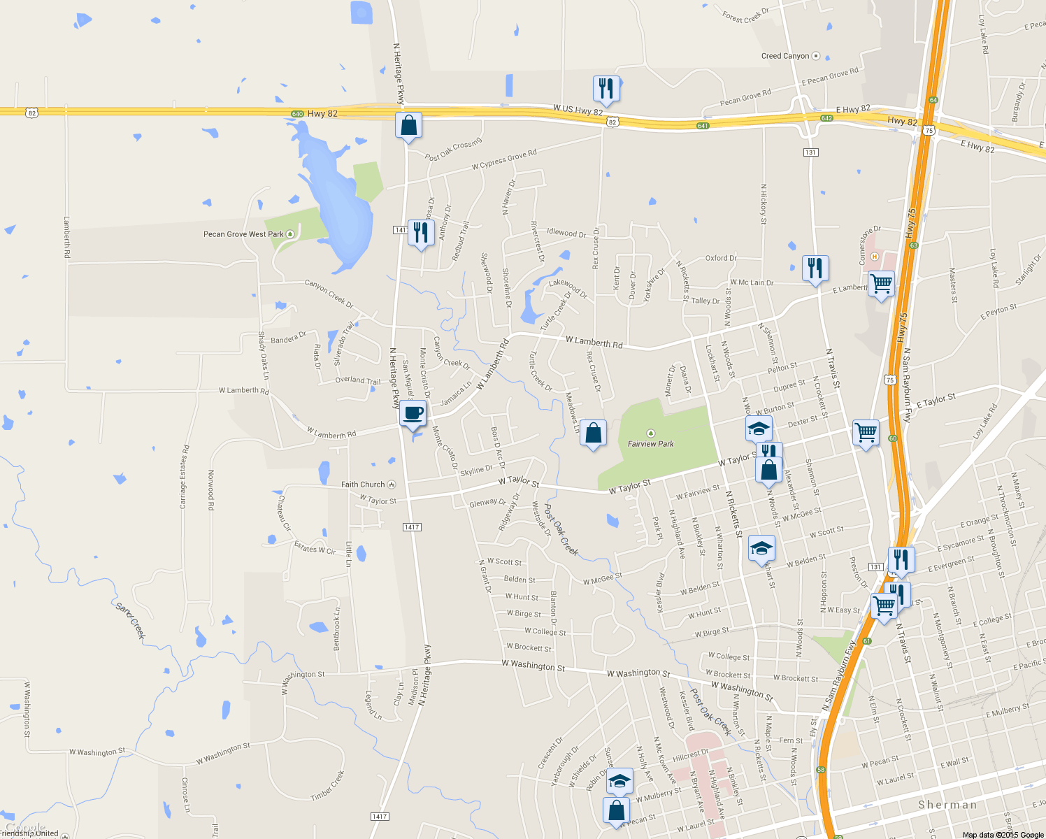 map of restaurants, bars, coffee shops, grocery stores, and more near 1701 River Oak Circle in Sherman